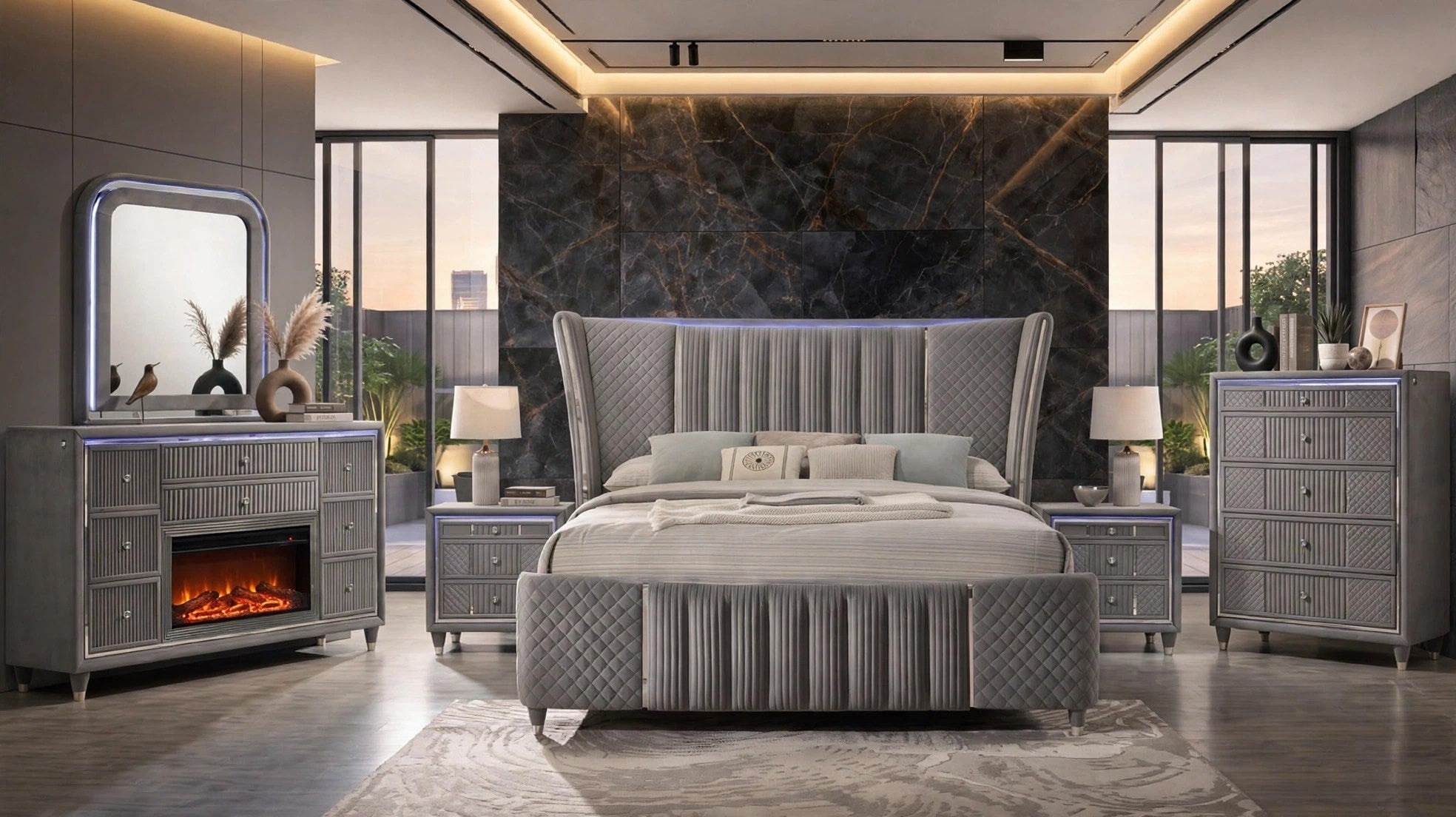 Cleopatra Gray Bedroom Set with Fireplace Dresser, view 3