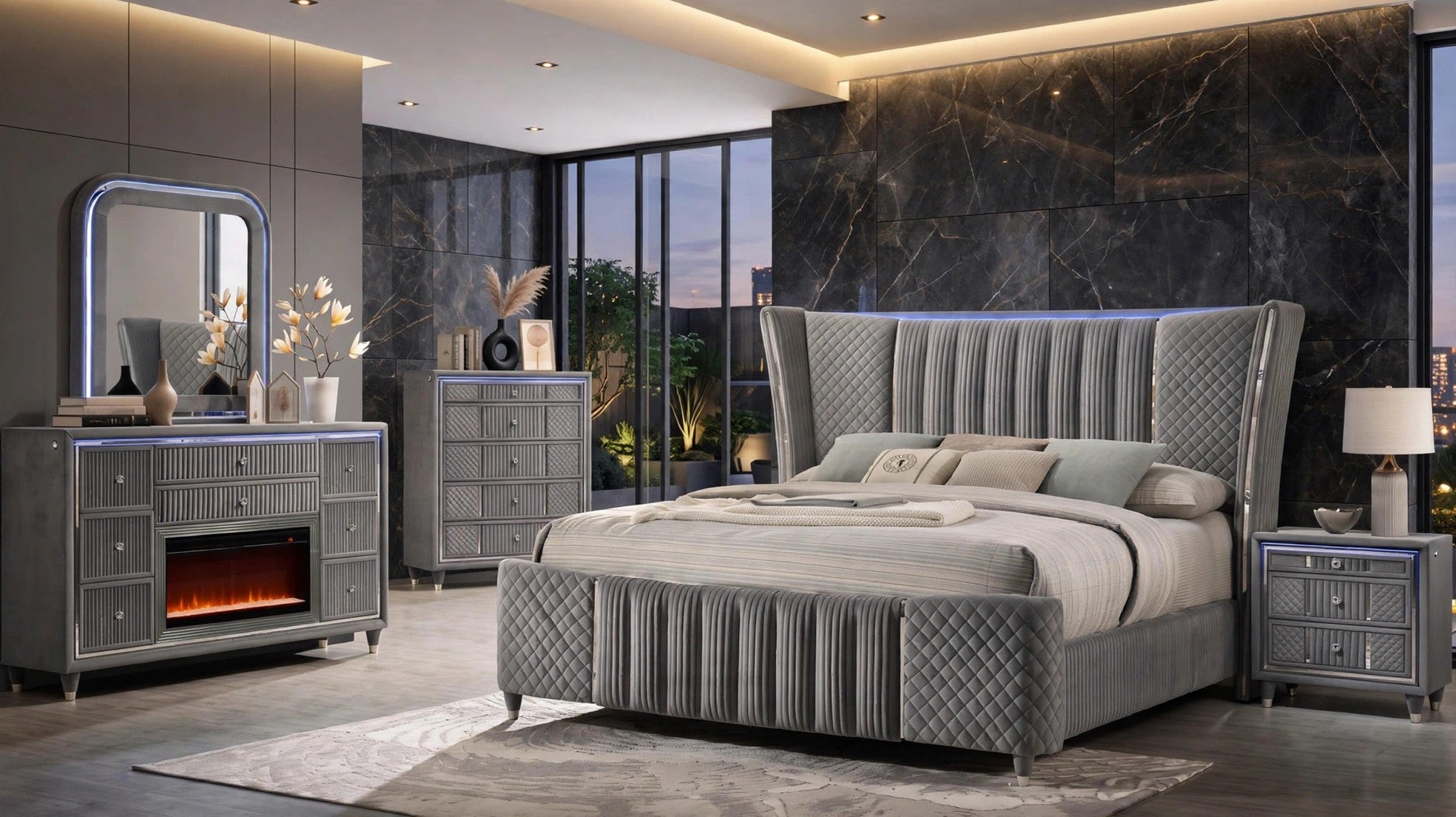 Cleopatra Gray Bedroom Set with Fireplace Dresser, view 4