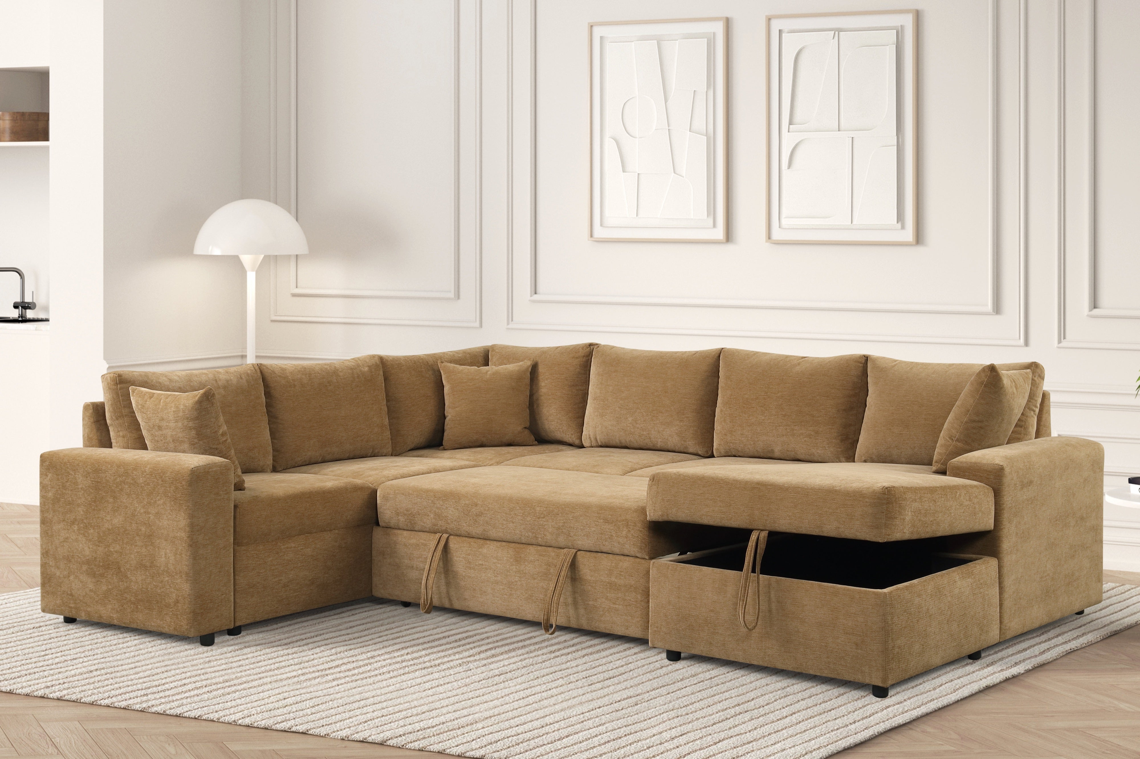 Forever Caramel Latte Storage Chaise Sectional with Pull-Out Bed