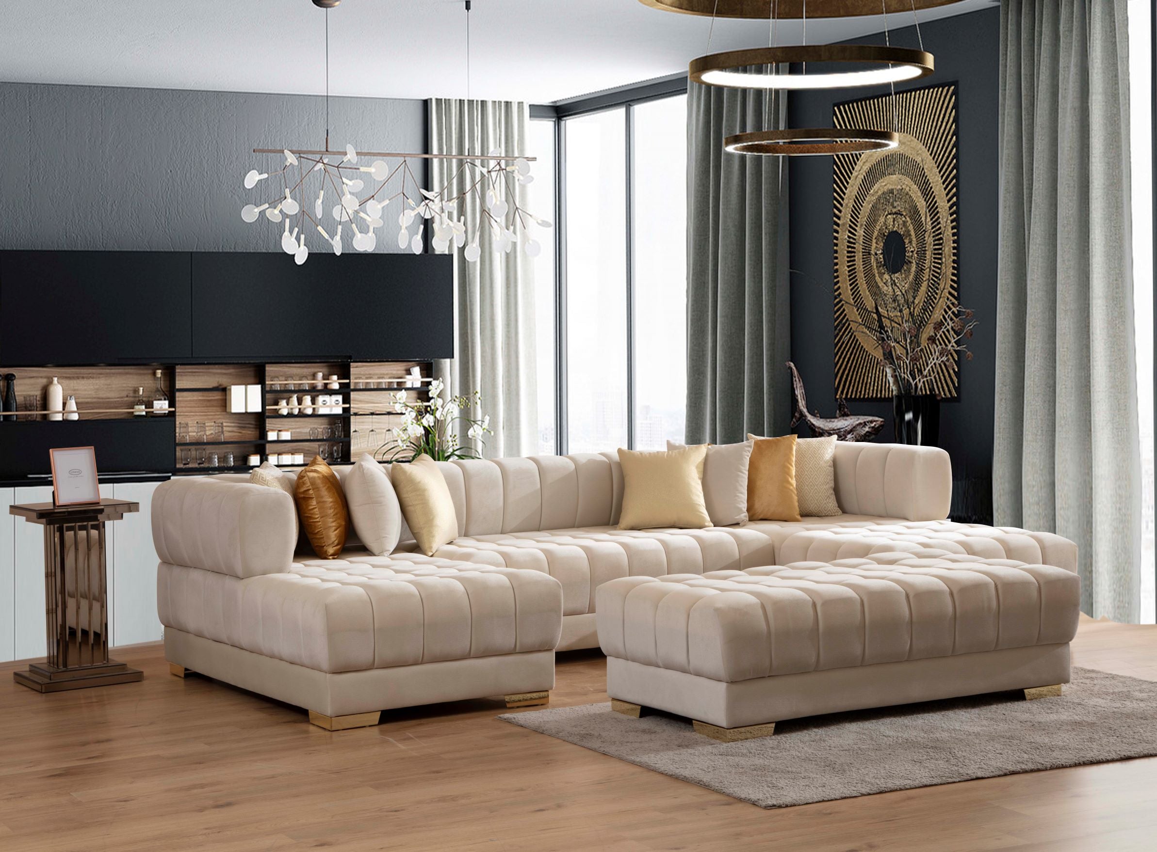 Ariana Ivory Velvet Rectangle Ottoman, view 2