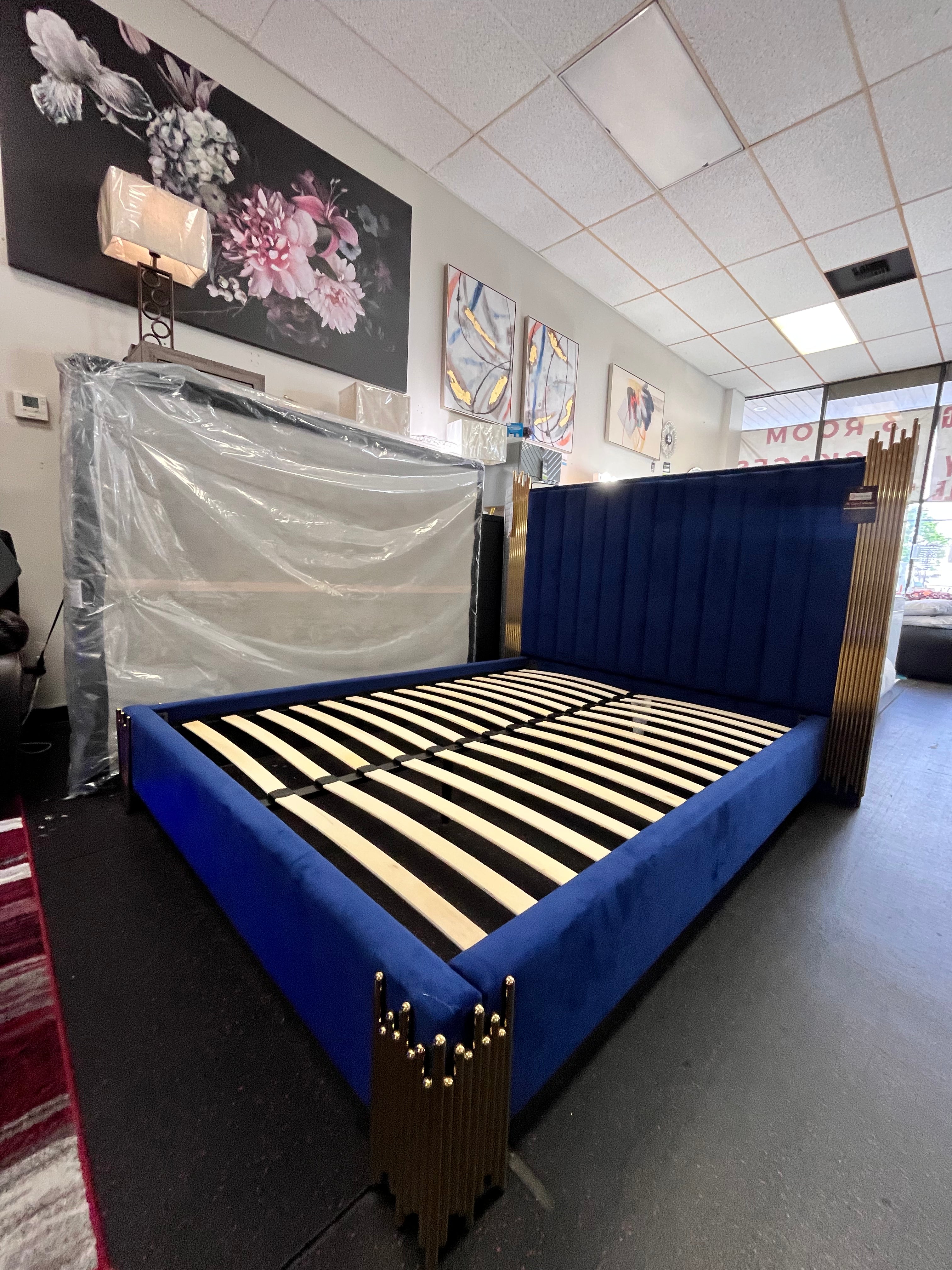 TOKEN BLUE VELVET BED FRAME WITH GOLD METAL ACCENTS floor model (discontinued)