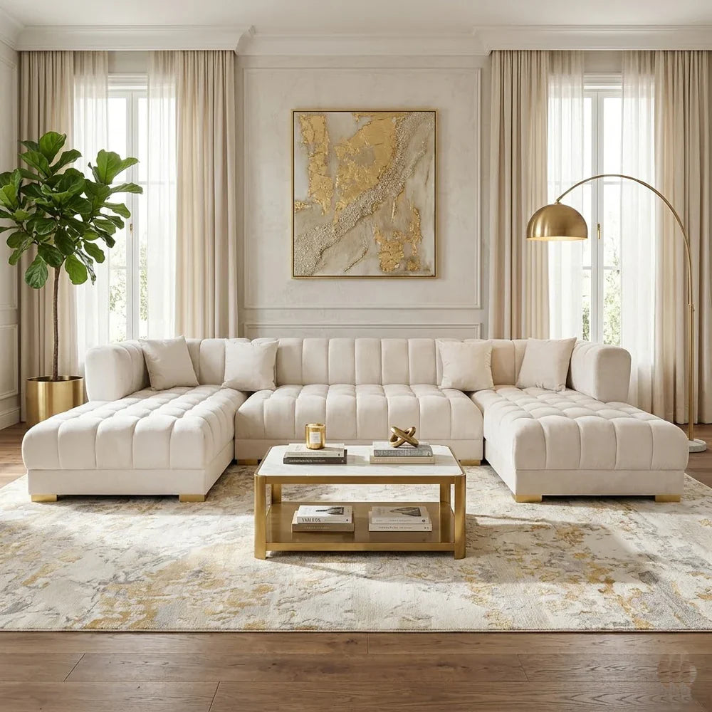Jayla Ivory Velvet Double Chaise Sectional
