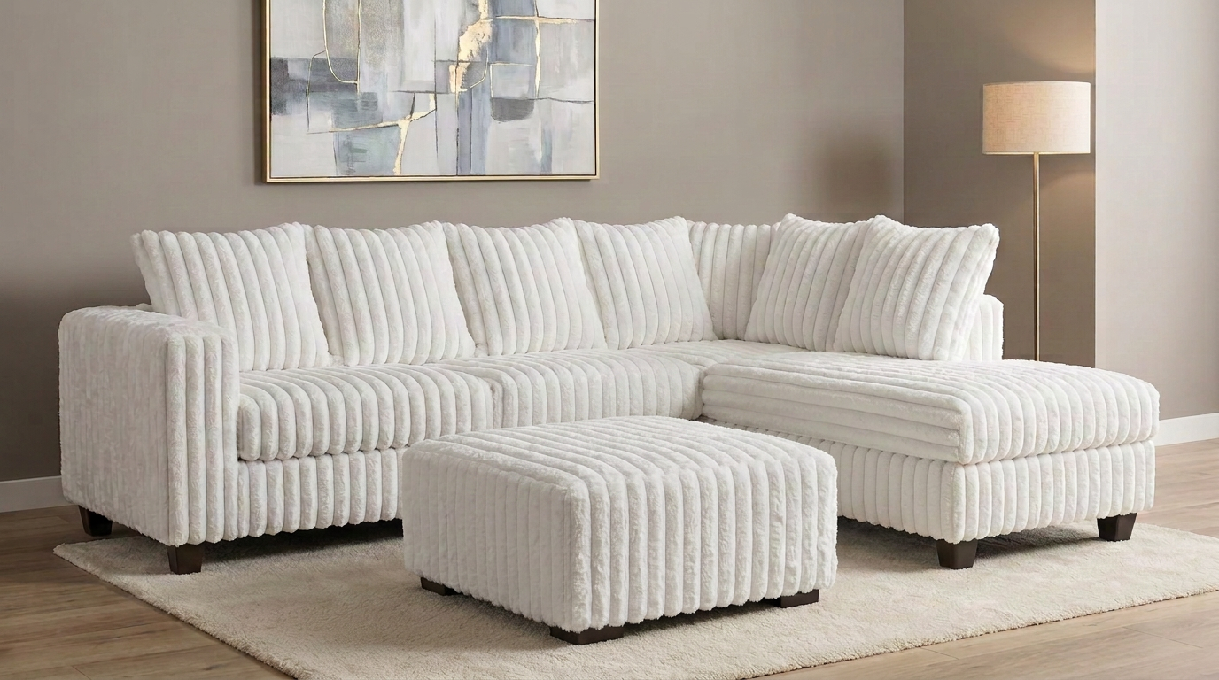 Gia White Corduroy Sectional with Chaise