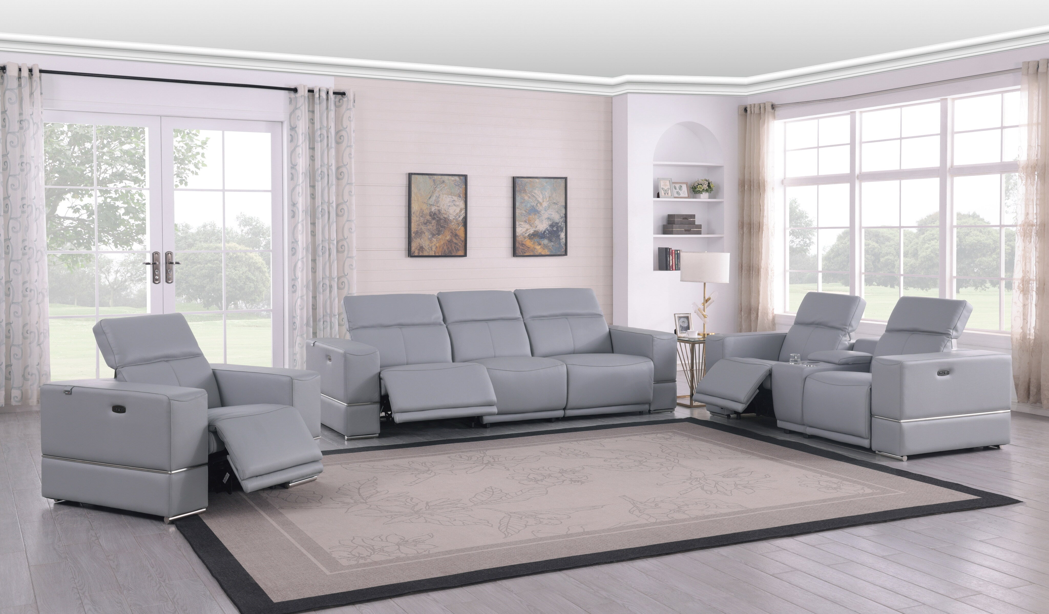 Franco Light Blue Italian Leather Match Power Reclining Set