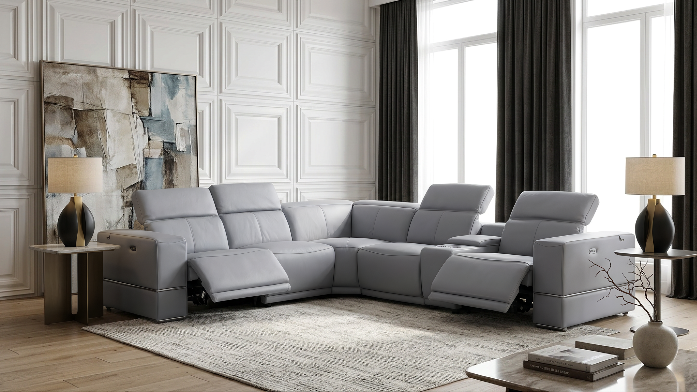 Franco II Light Blue Italian Leather Match Power Reclining Sectional