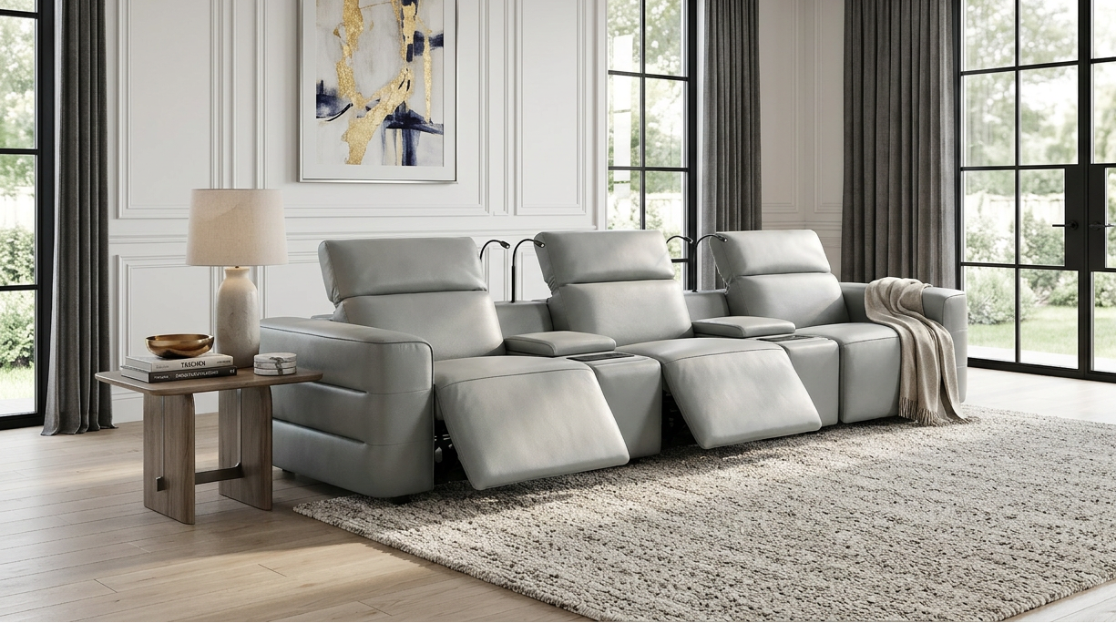 Diamante Gray Italian Leather Match Power Reclining Home Theater Set