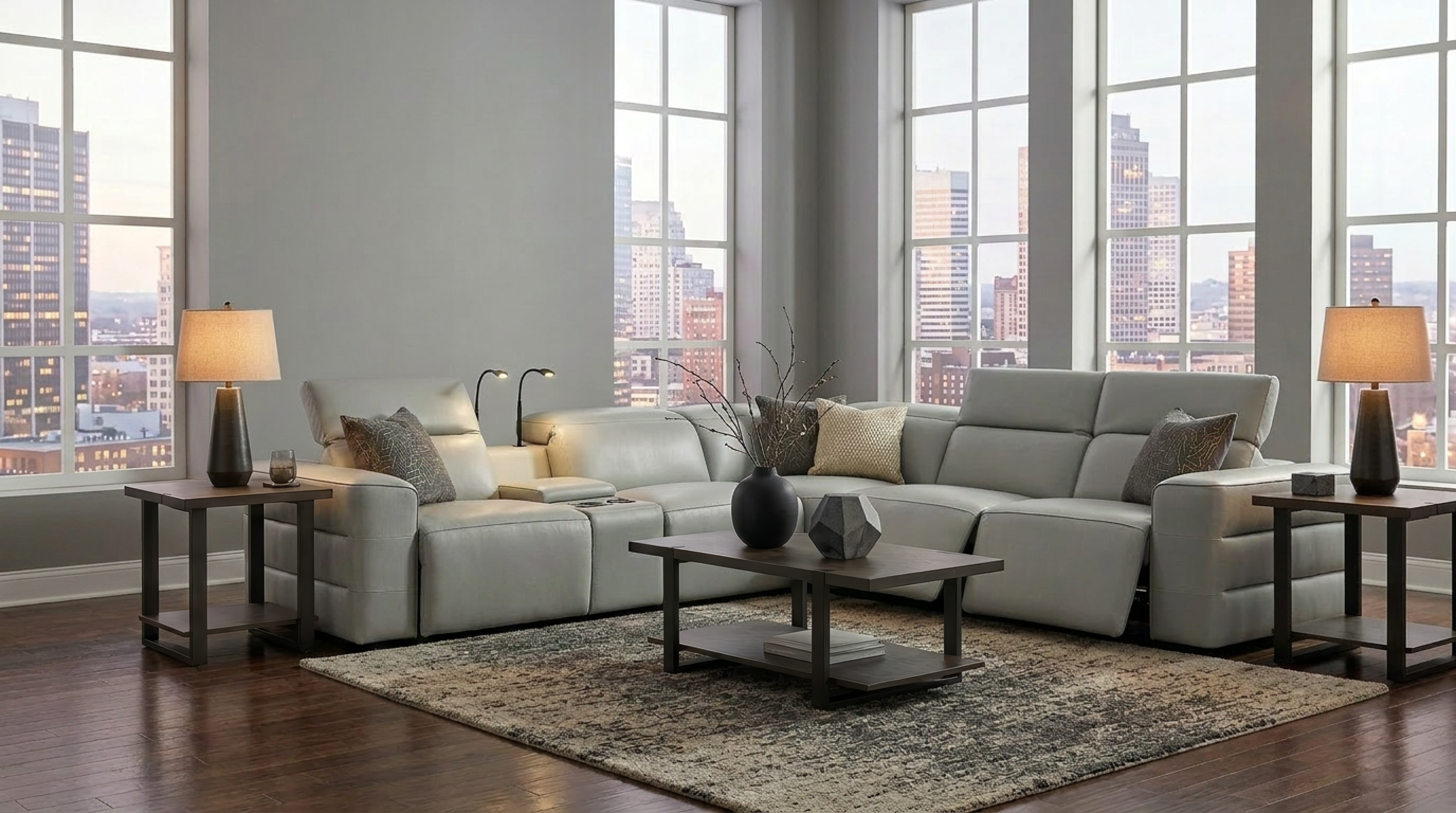 Holly Gray Italian Leather Match Power Reclining Sectional with 3 Recliners