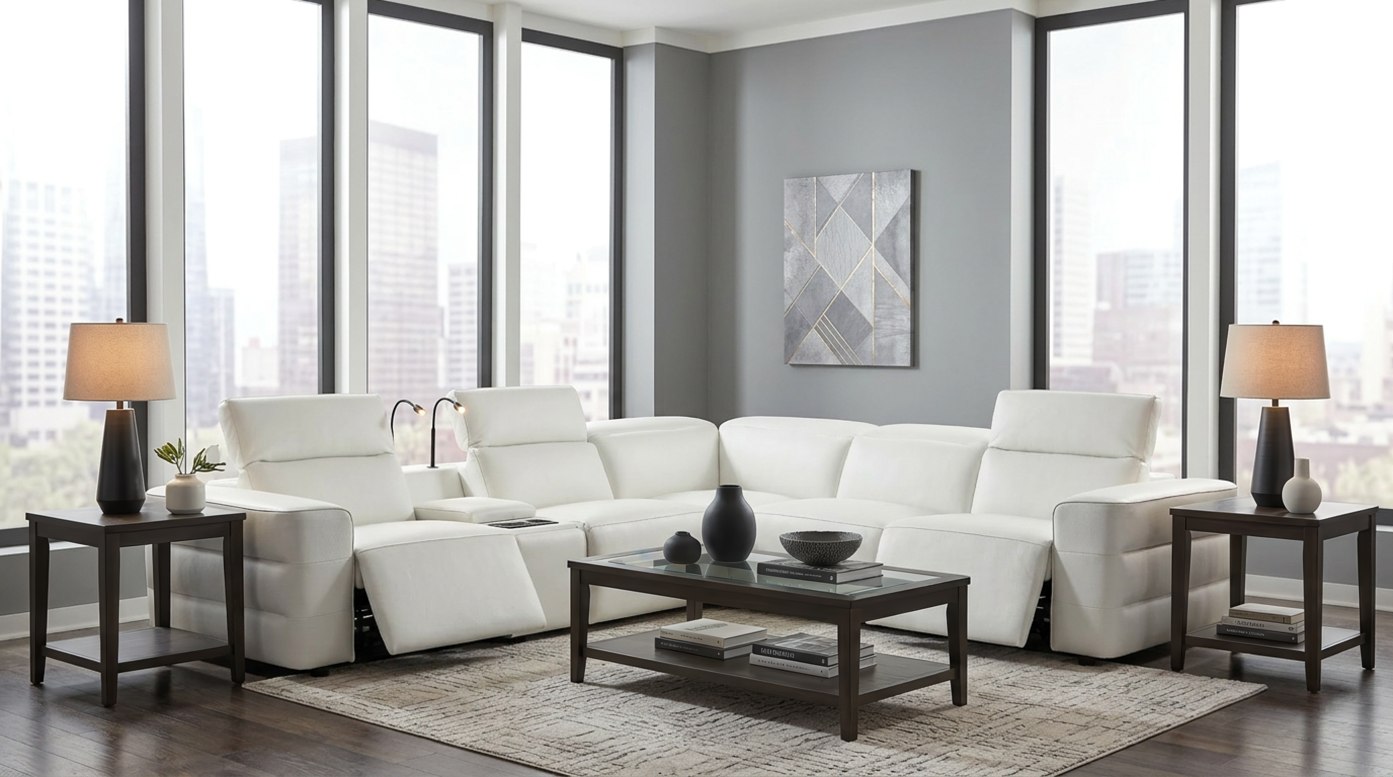 Holly White Italian Leather Match Power Reclining Sectional with 3 Recliners