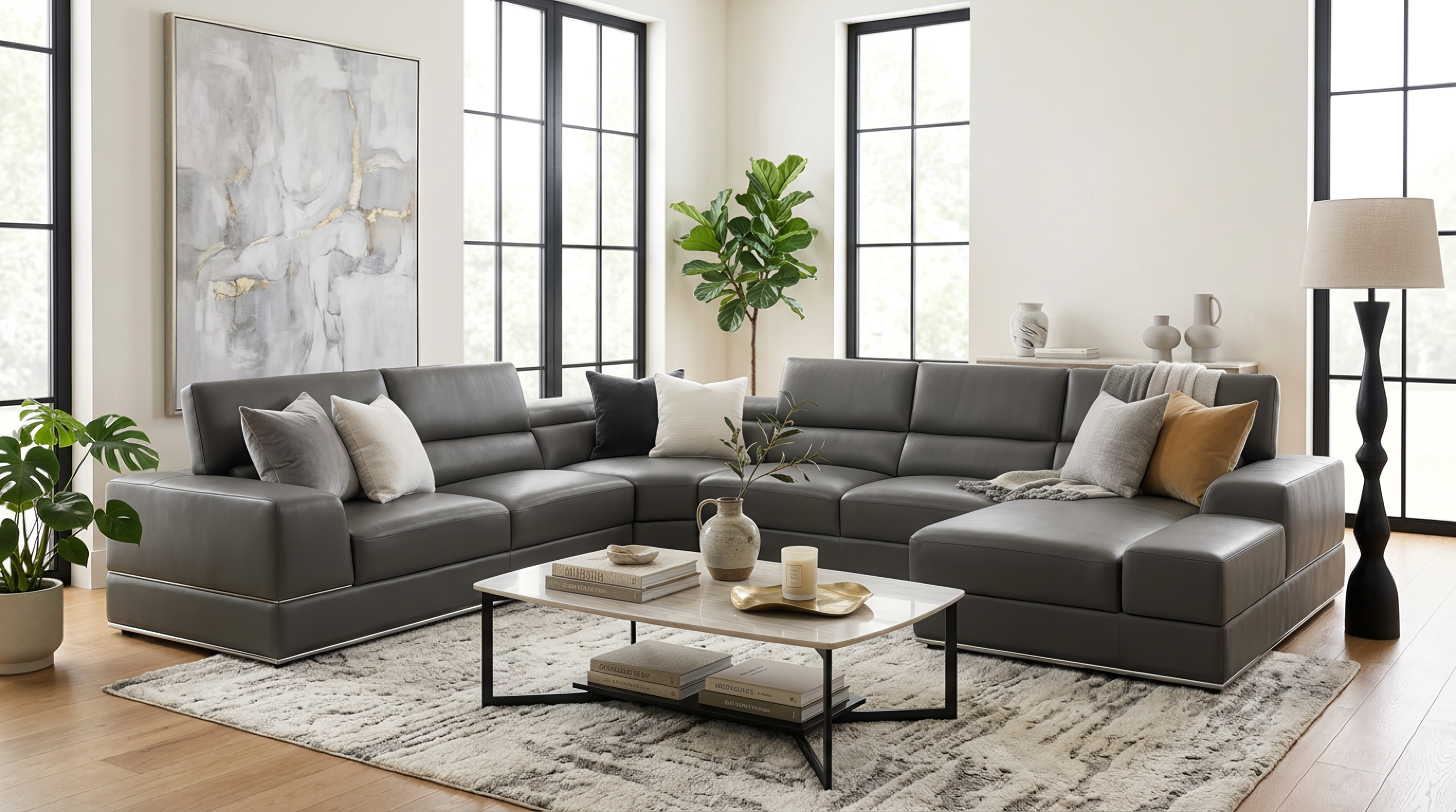 Nella Dark Gray Italian Leather Match Sectional with Chaise