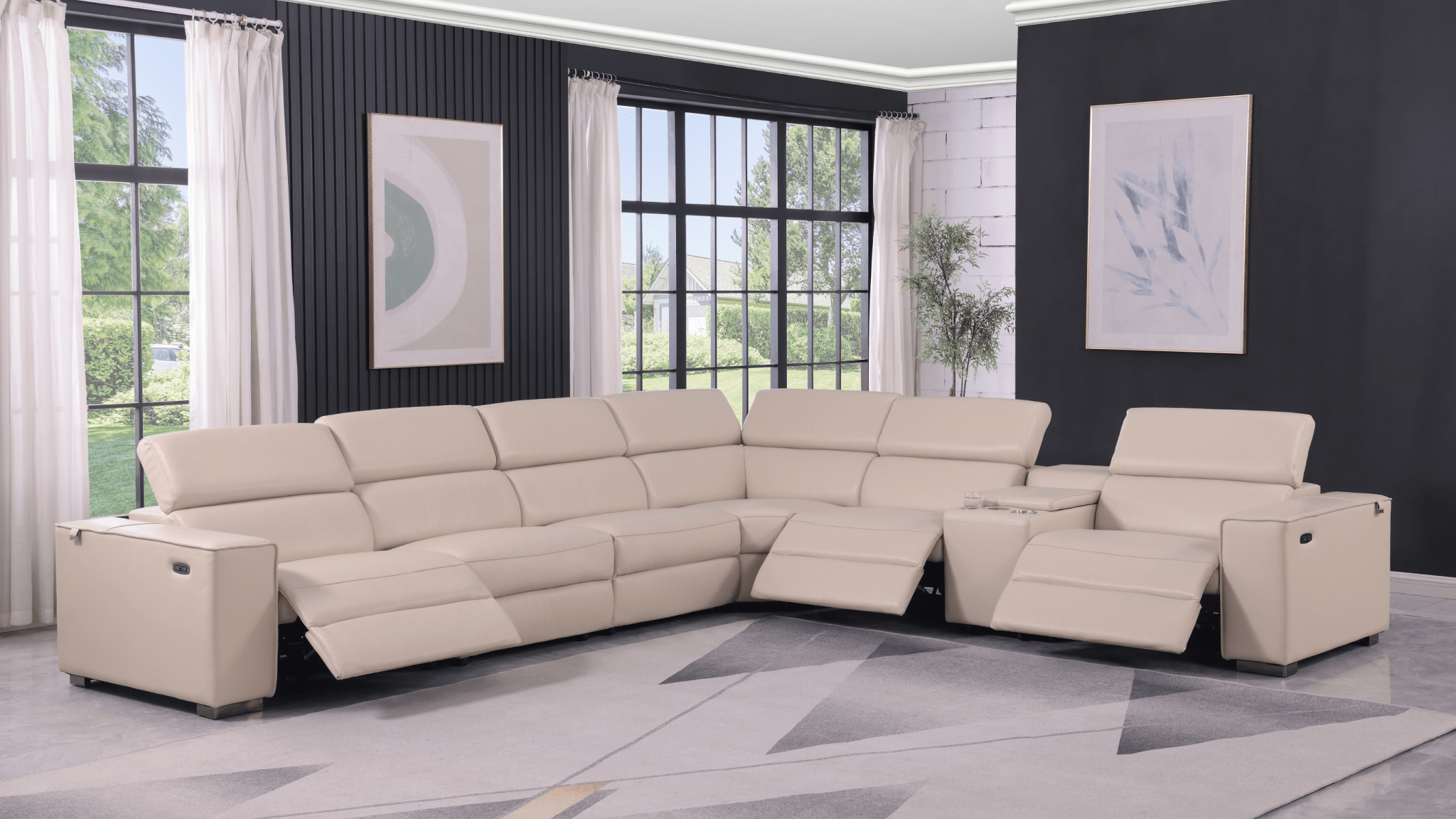 Picasso Beige Italian Leather Match 7-Piece Power Reclining Sectional