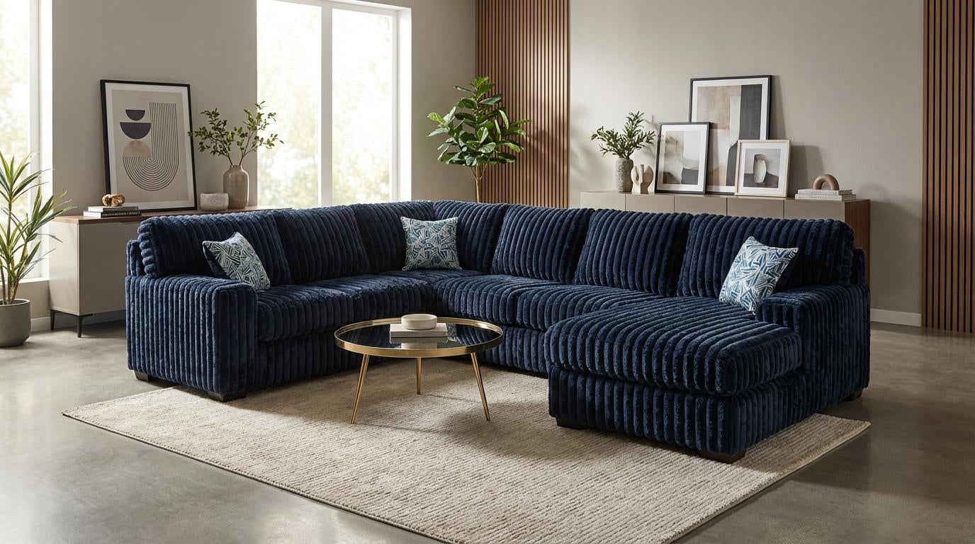 Austin Blue Corduroy Sectional with Chaise