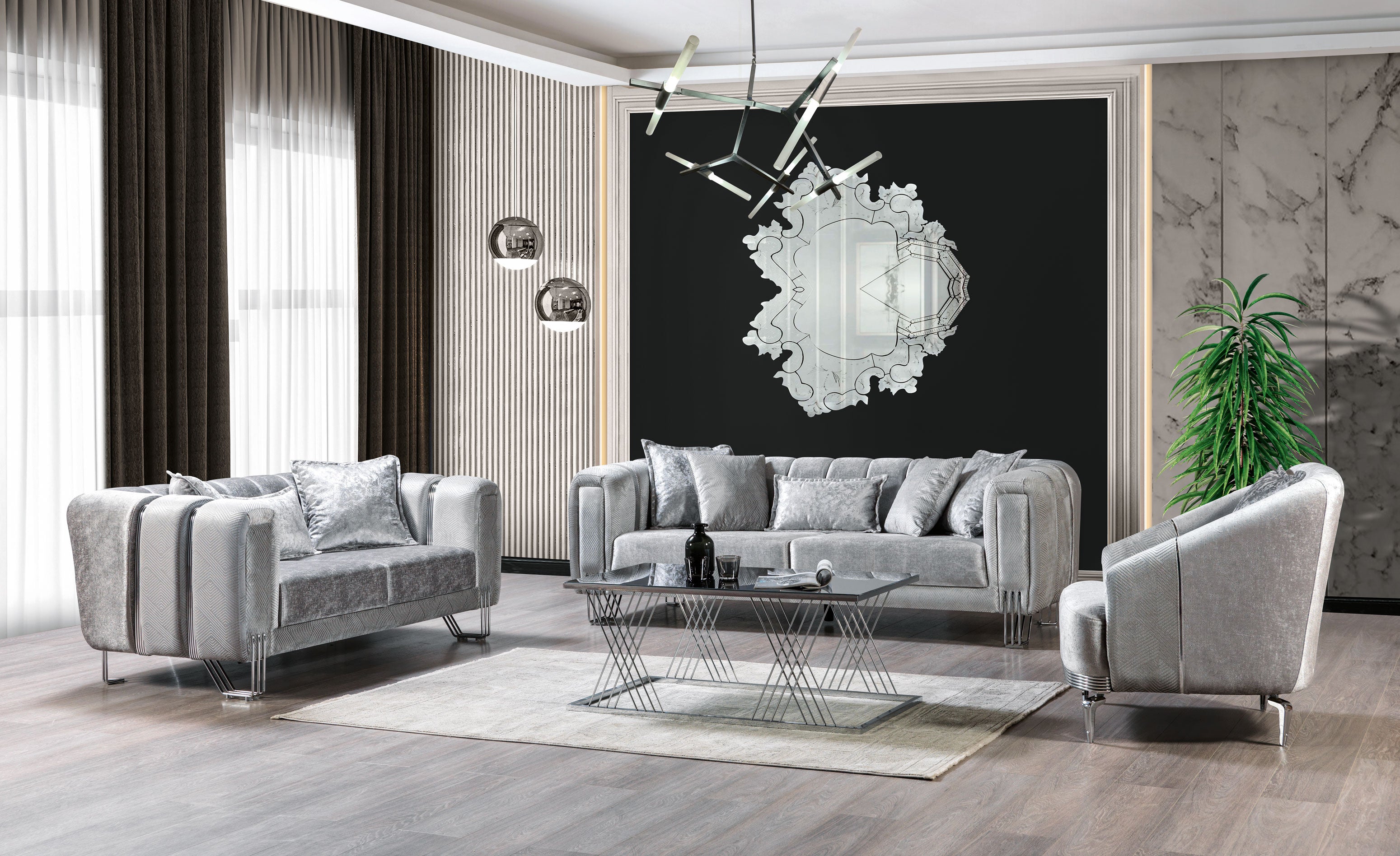 Santana Silver Velvet Sofa and Loveseat Set