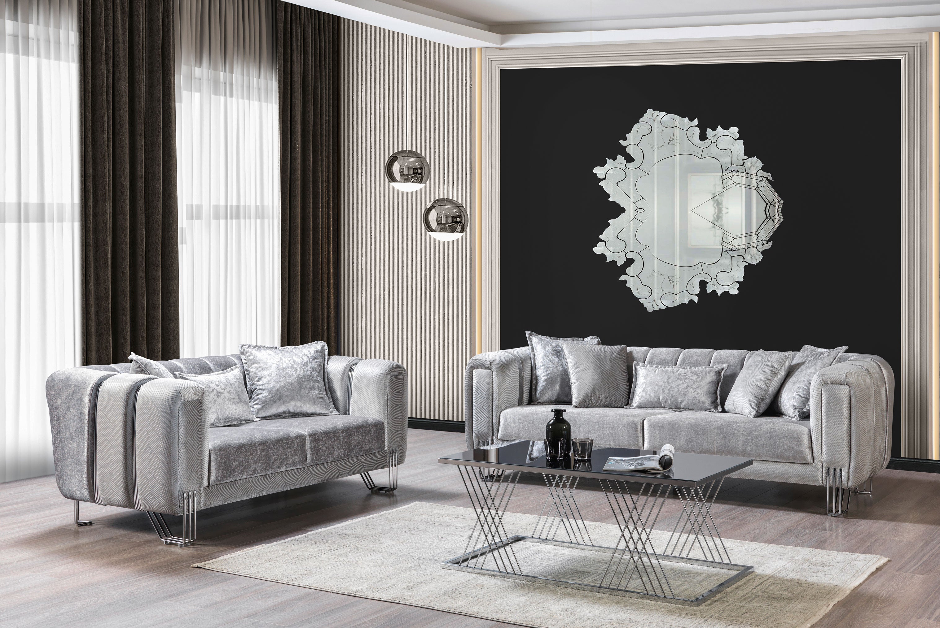 Santana Silver Velvet Sofa and Loveseat Set, view 2