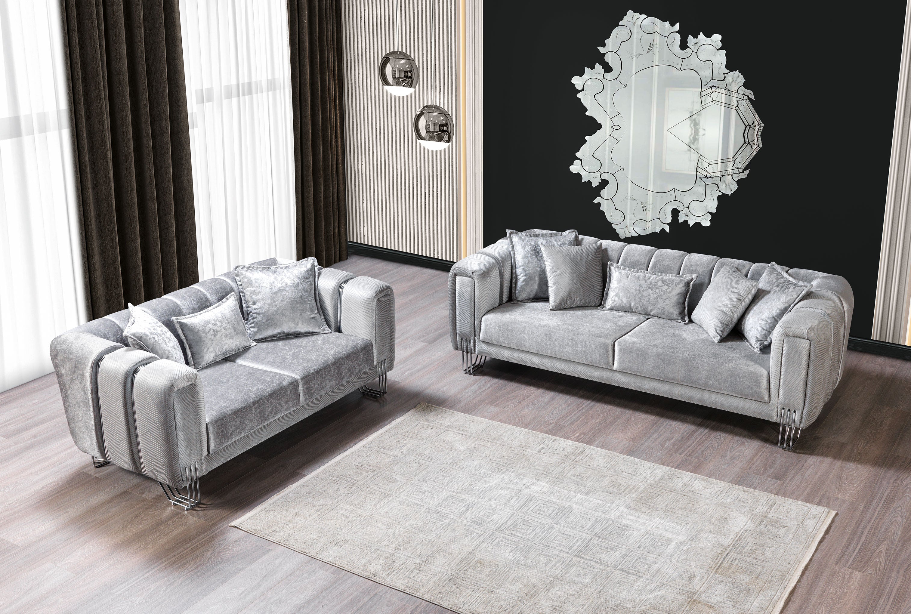 Santana Silver Velvet Sofa and Loveseat Set, view 3