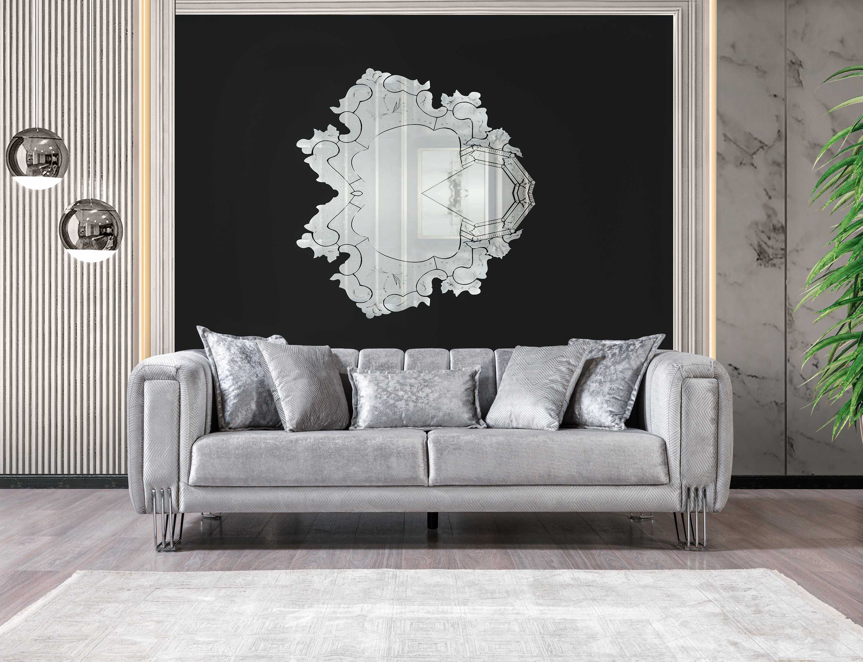 Santana Silver Velvet Sofa and Loveseat Set, view 6