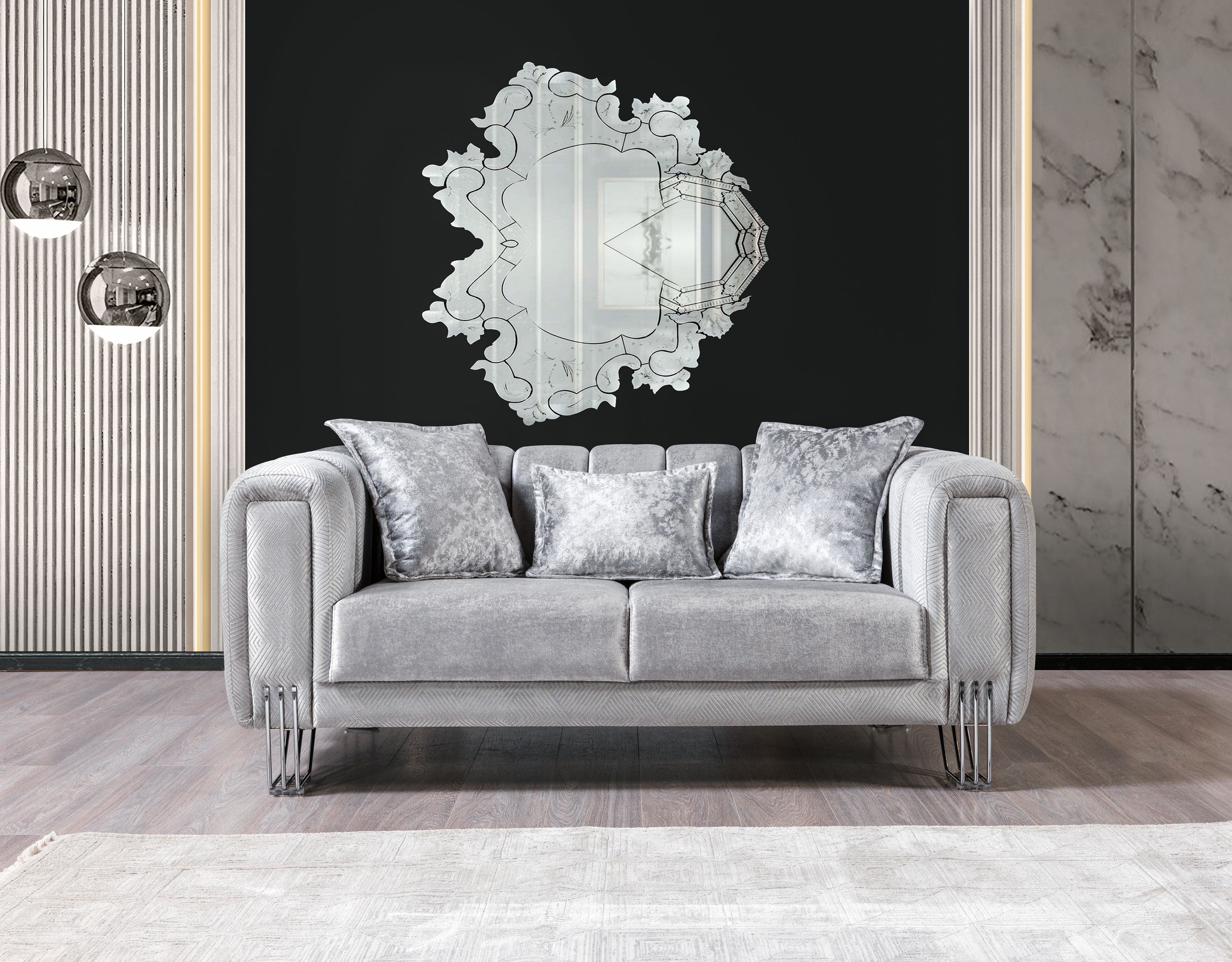 Santana Silver Velvet Sofa and Loveseat Set, view 8