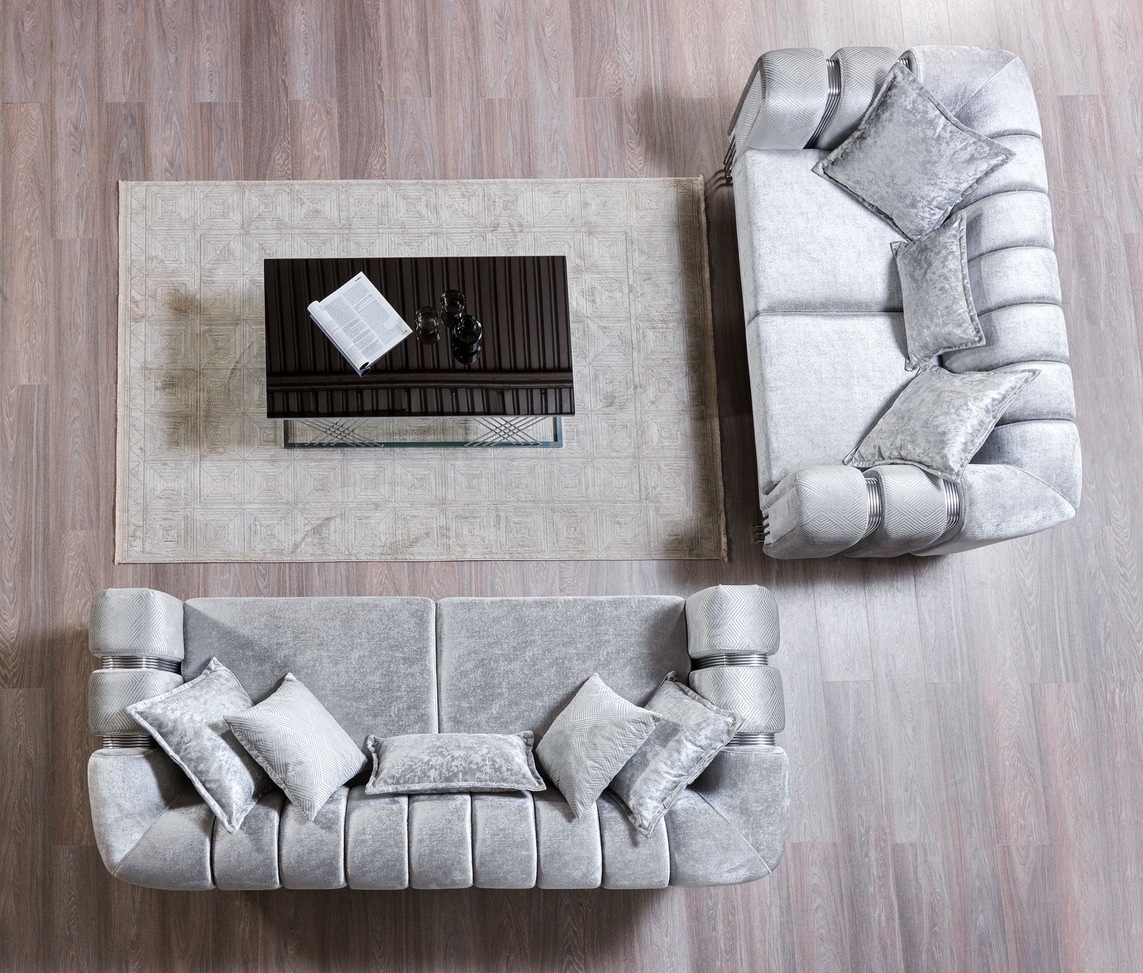 Santana Silver Velvet Sofa and Loveseat Set, view 5