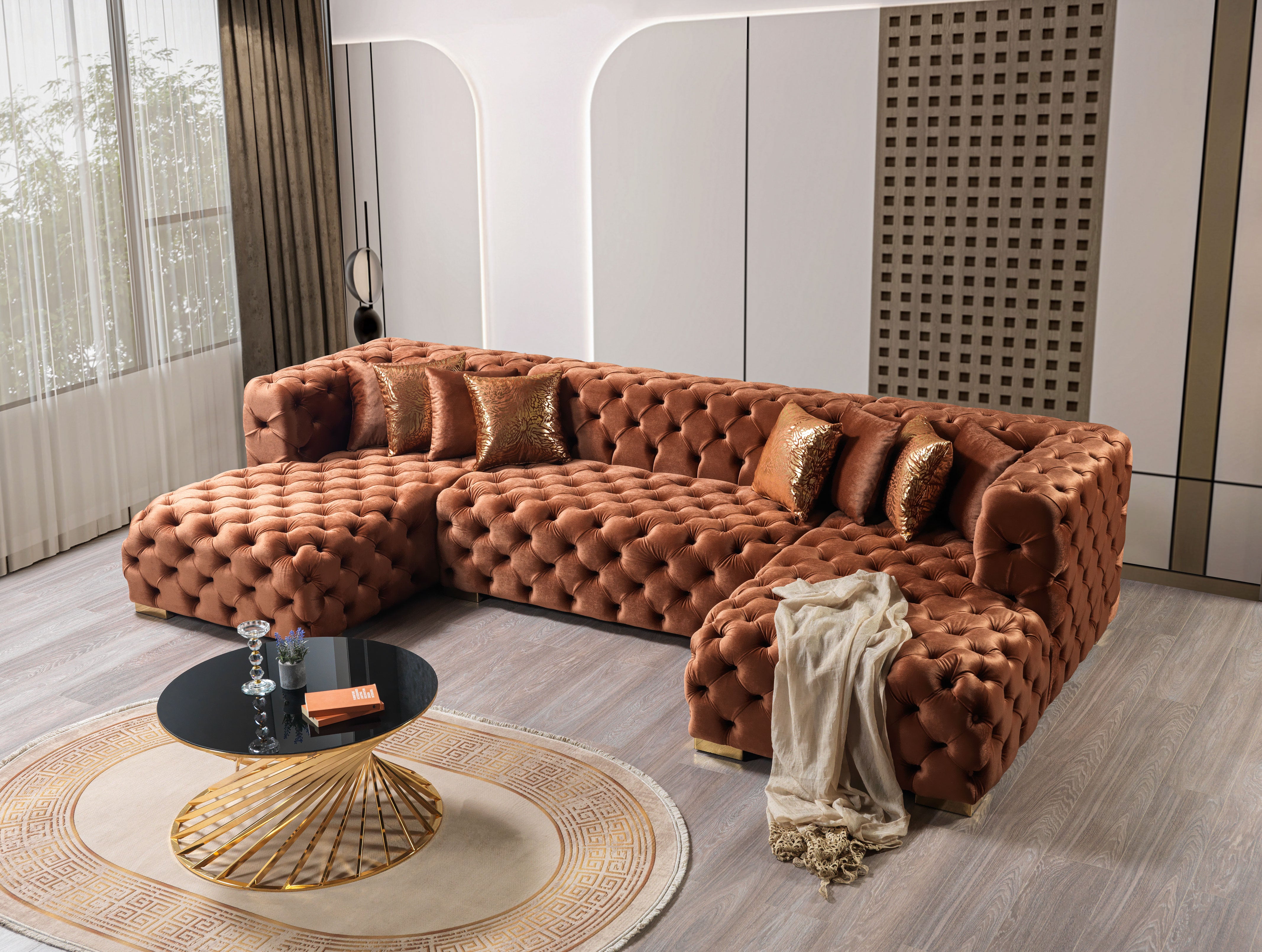 Neva Orange Velvet Double Chaise Sectional, view 3