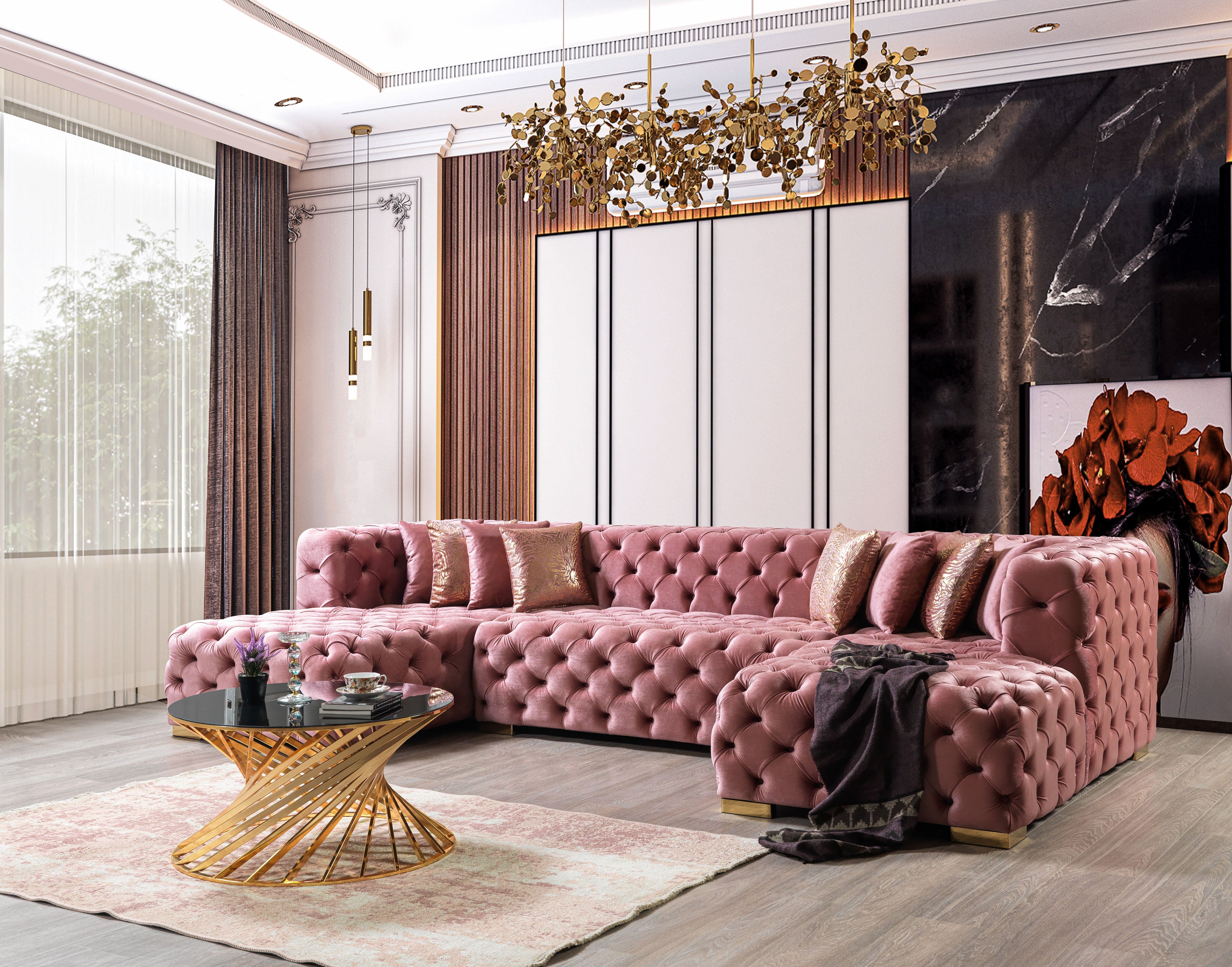 Neva Pink Velvet Double Chaise Sectional, view 2