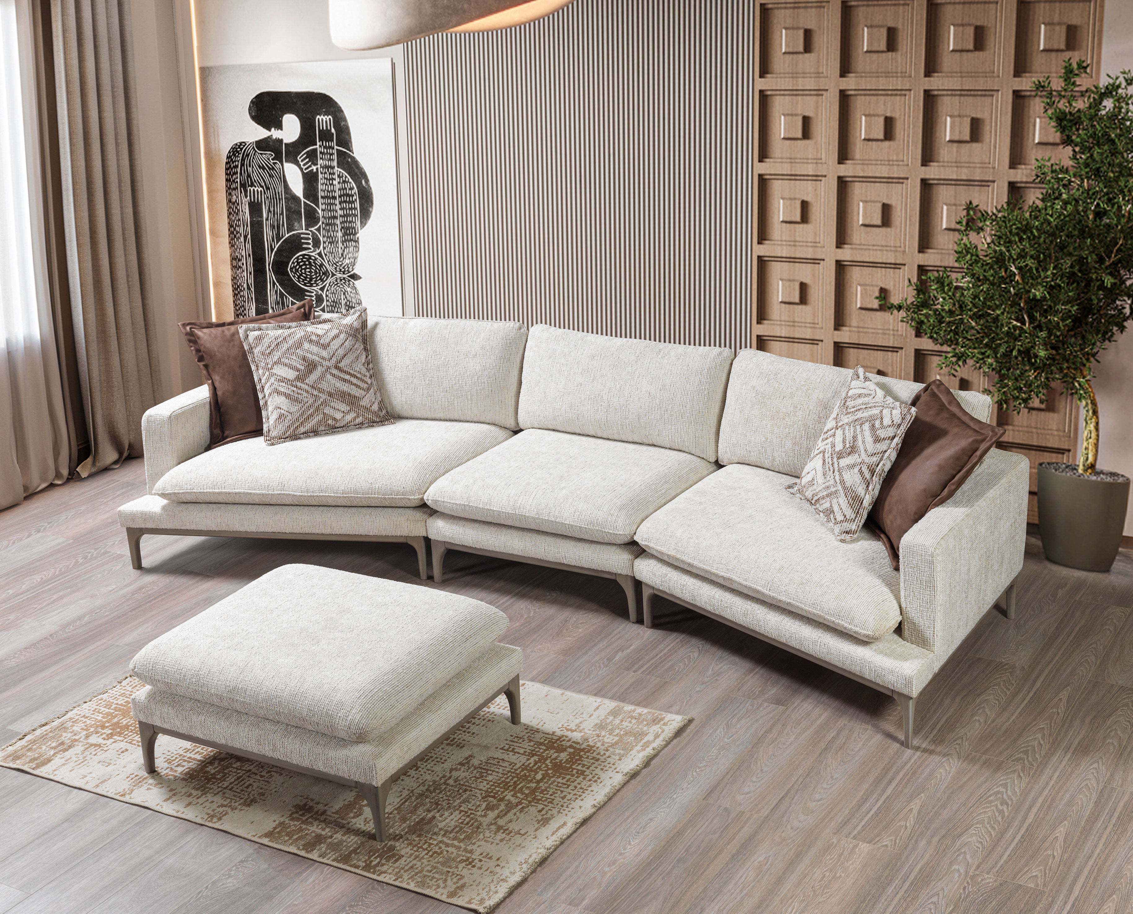 Dylan Ivory Linen 3-Piece Curved Sectional with Ottoman, view 5
