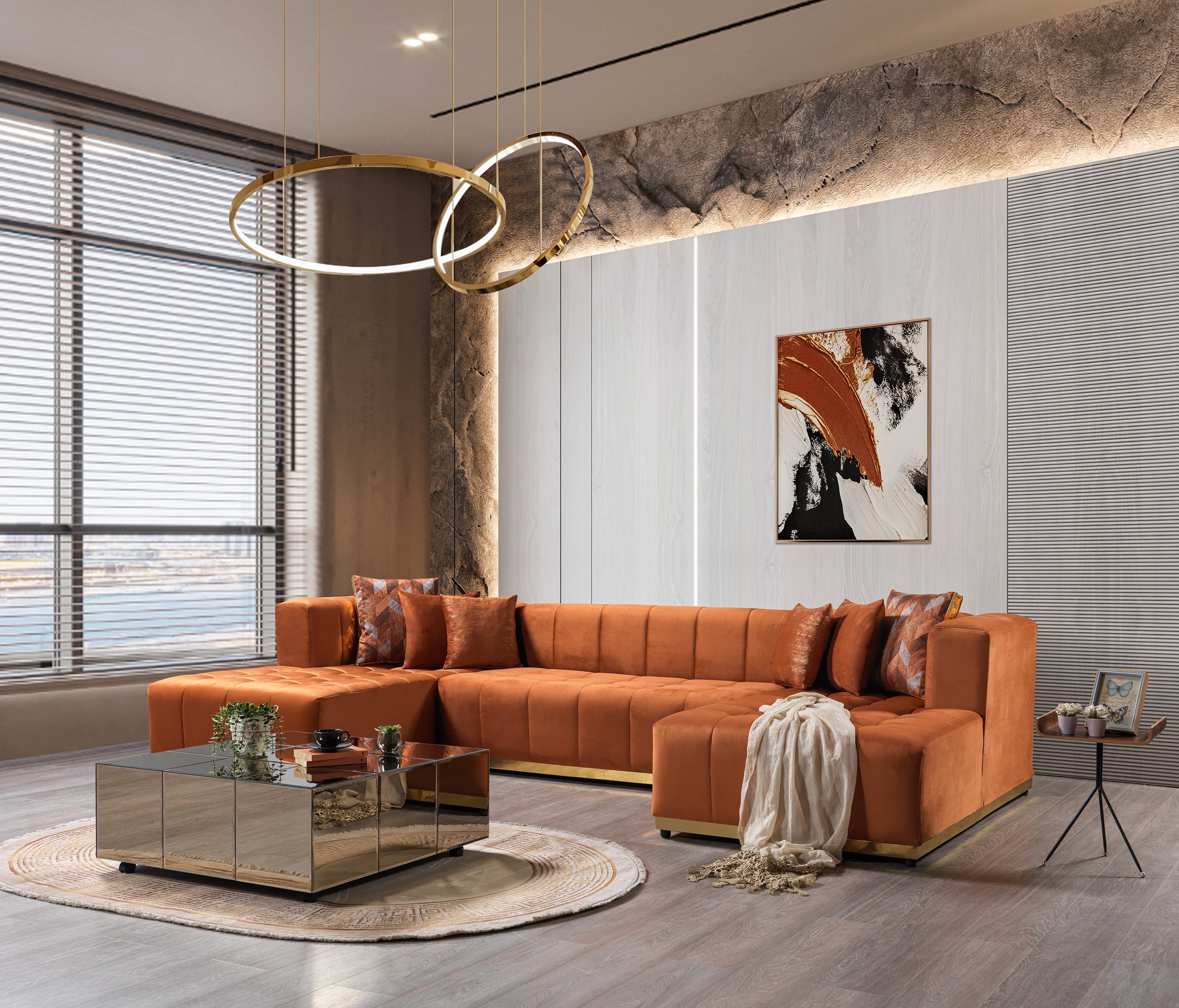 Elisha Orange Velvet Double Chaise Sectional, view 2