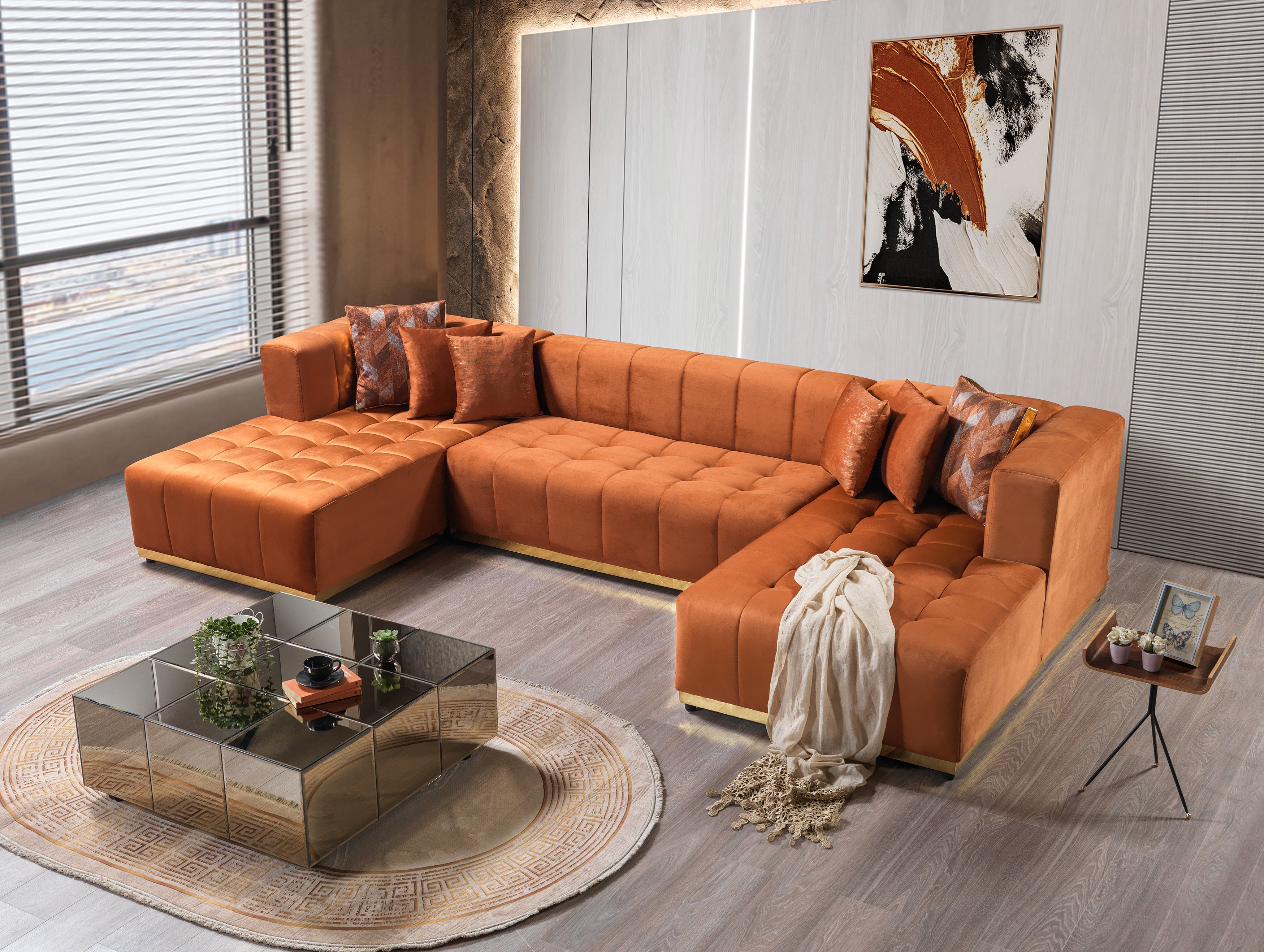 Elisha Orange Velvet Double Chaise Sectional, view 3