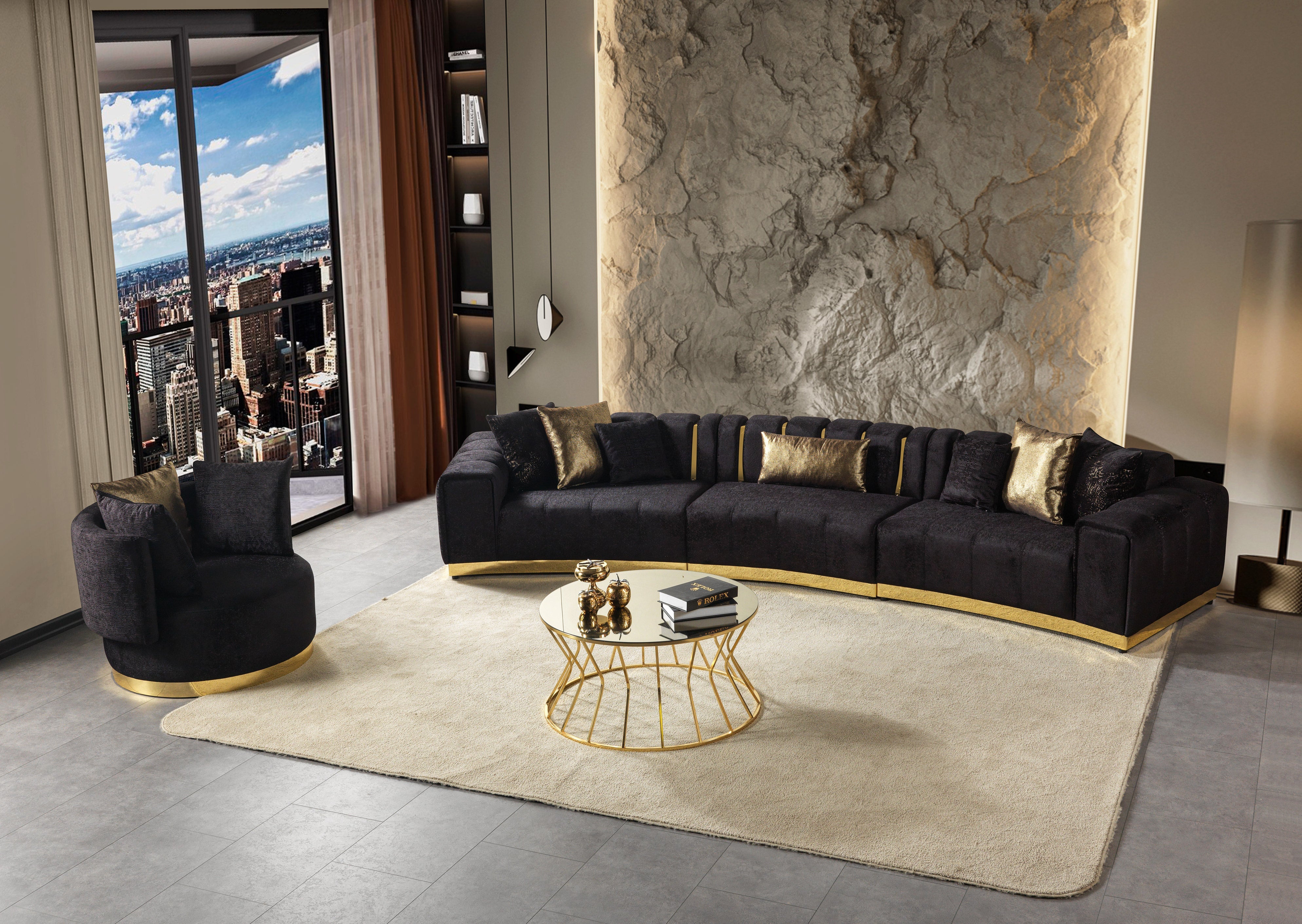 Michelle Black Velvet 3-Piece Curved Sectional, view 3