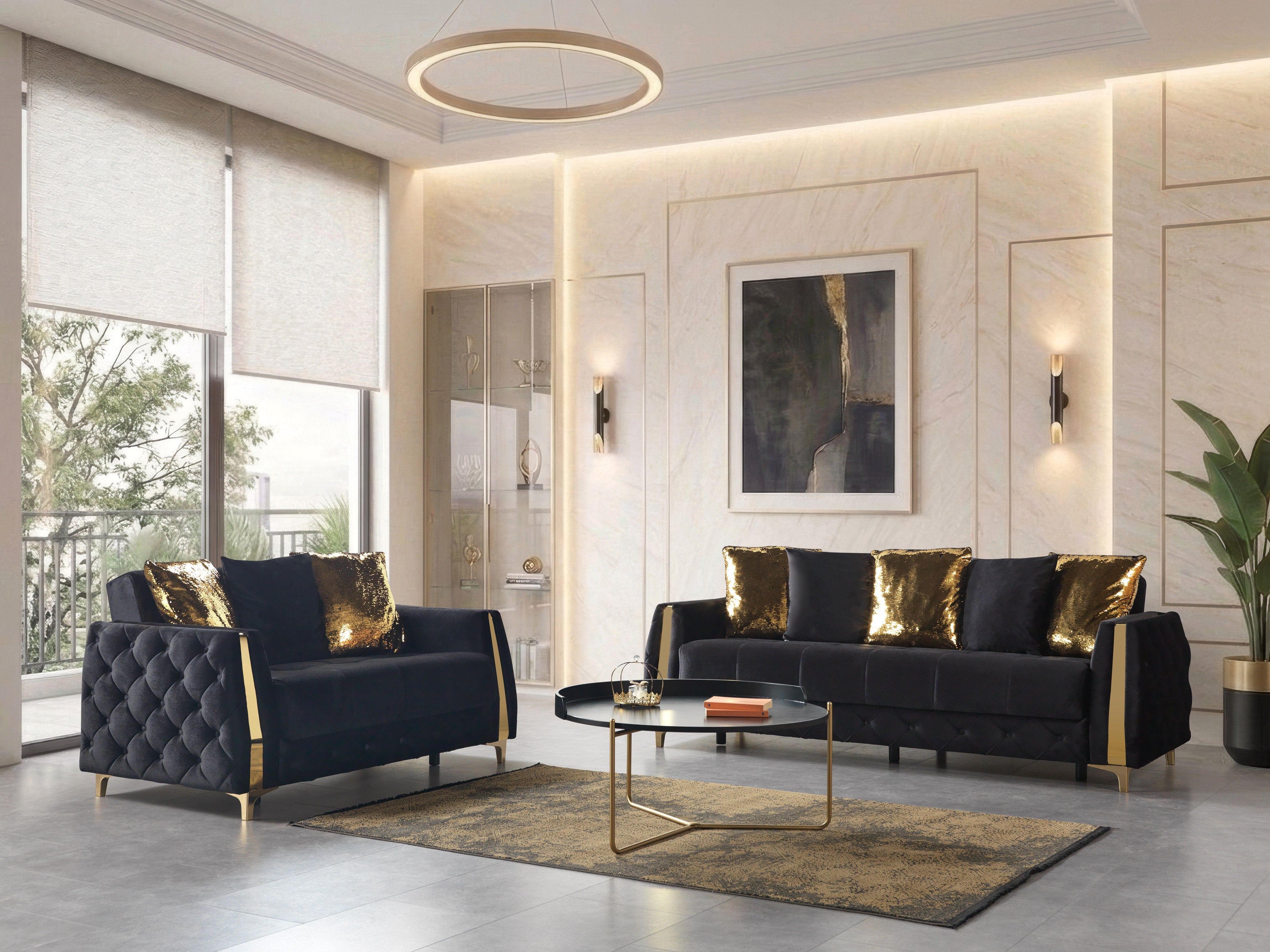 Florence Black Velvet Sofa and Loveseat Set, view 2