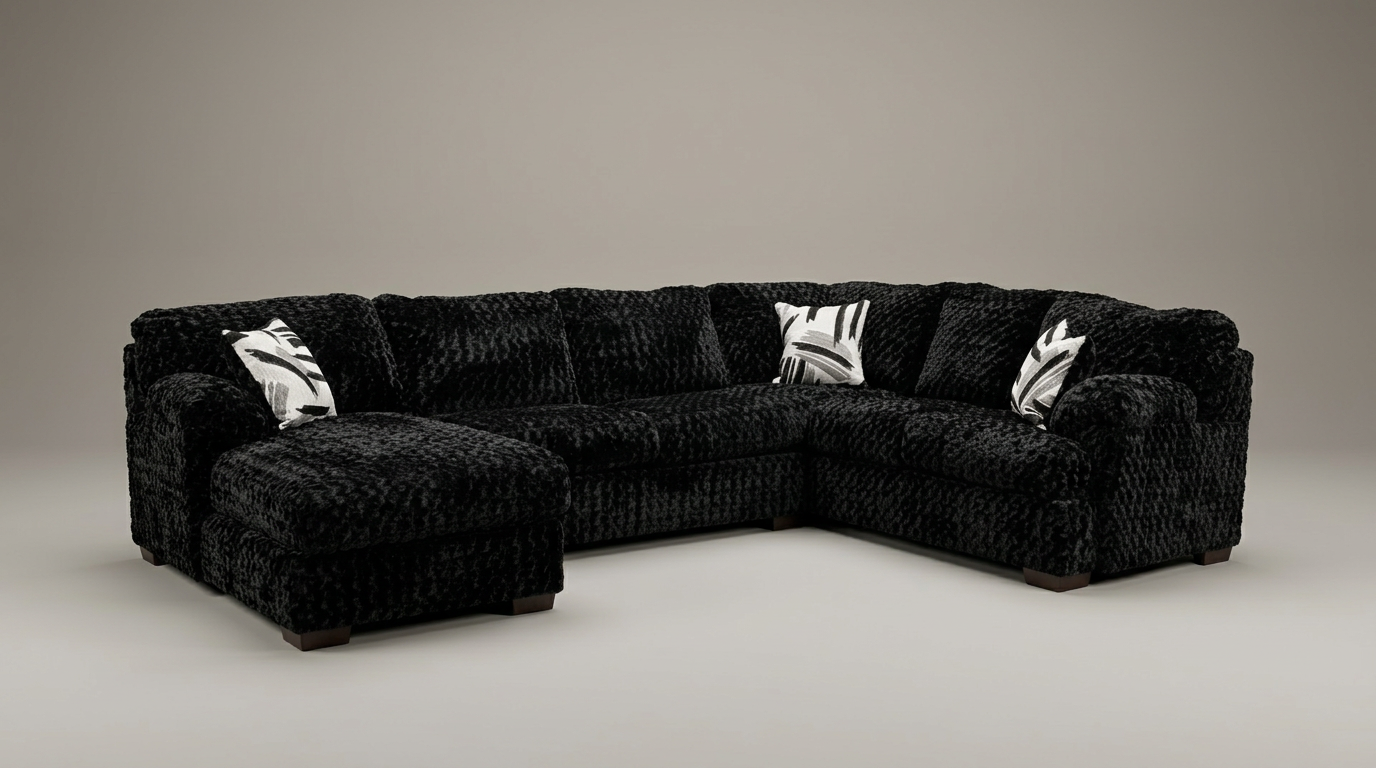 Westwood Black Plush U-Shaped Sectional with Chaise, view 2