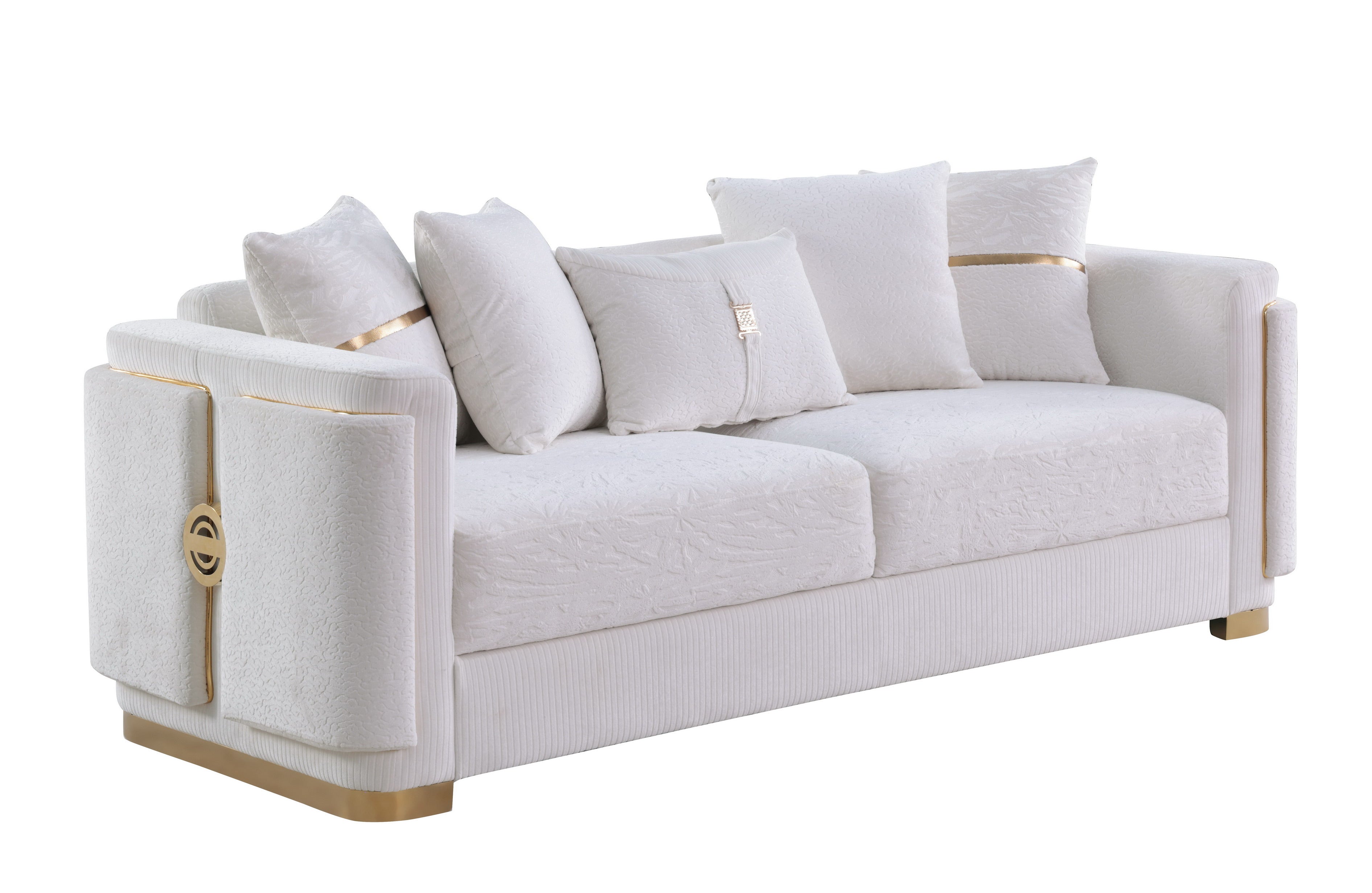Capri White Sofa and Loveseat Set with Gold Accents, view 3
