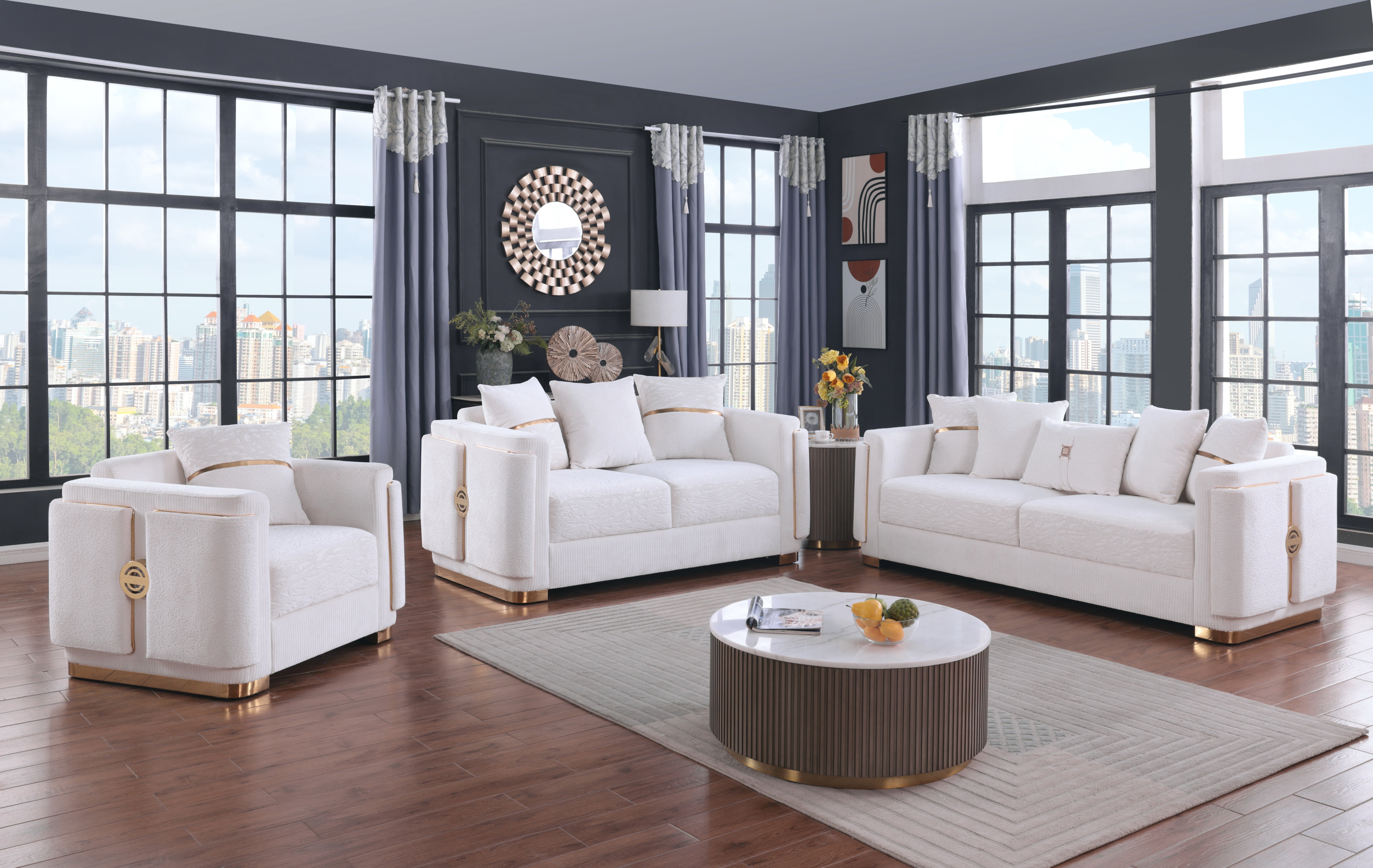 Capri White Sofa and Loveseat Set with Gold Accents, view 2