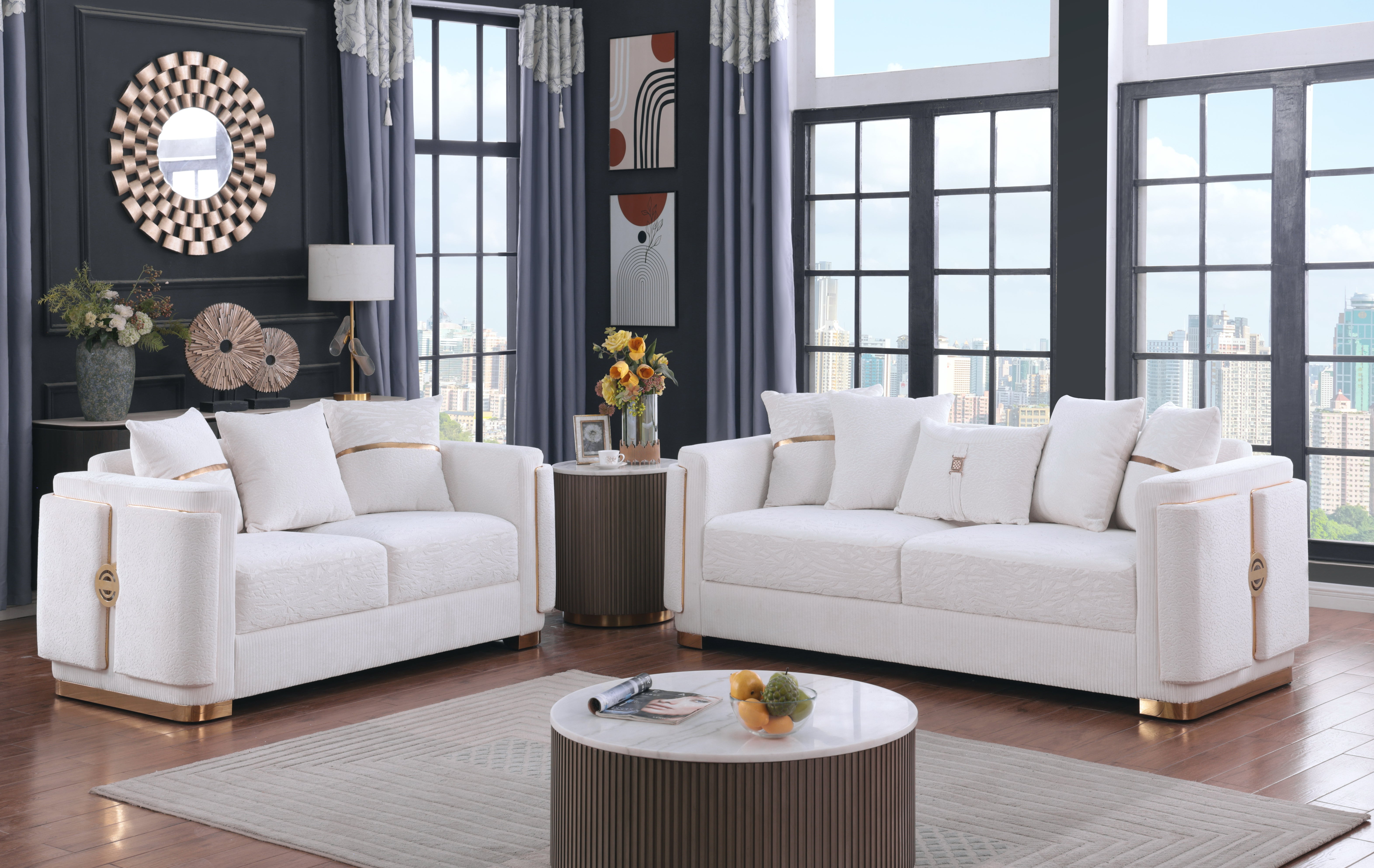 Capri White Sofa and Loveseat Set with Gold Accents