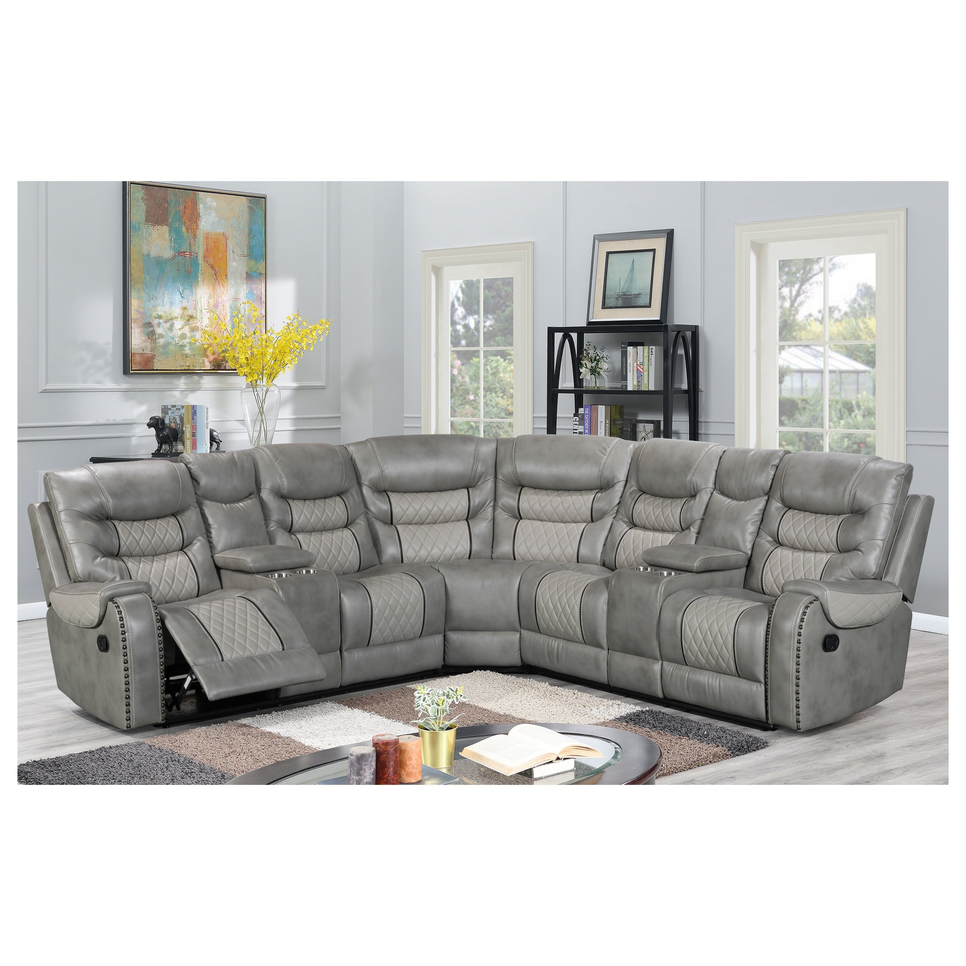 Phoenix II Gray Air Leather 3-Piece Reclining Sectional