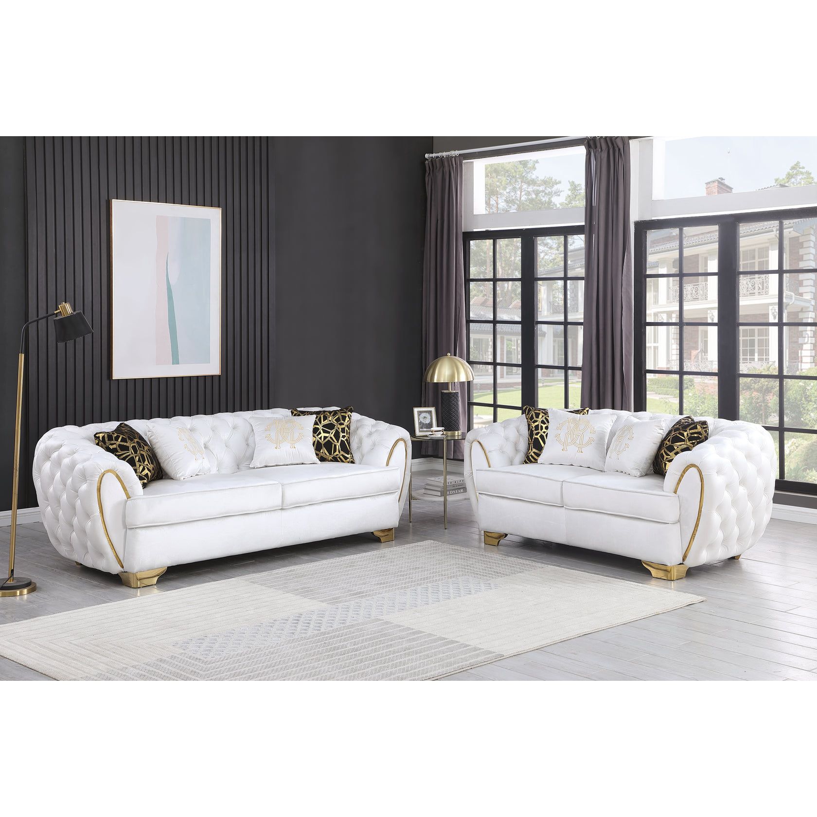 Mila White Velvet Sofa and Loveseat Set