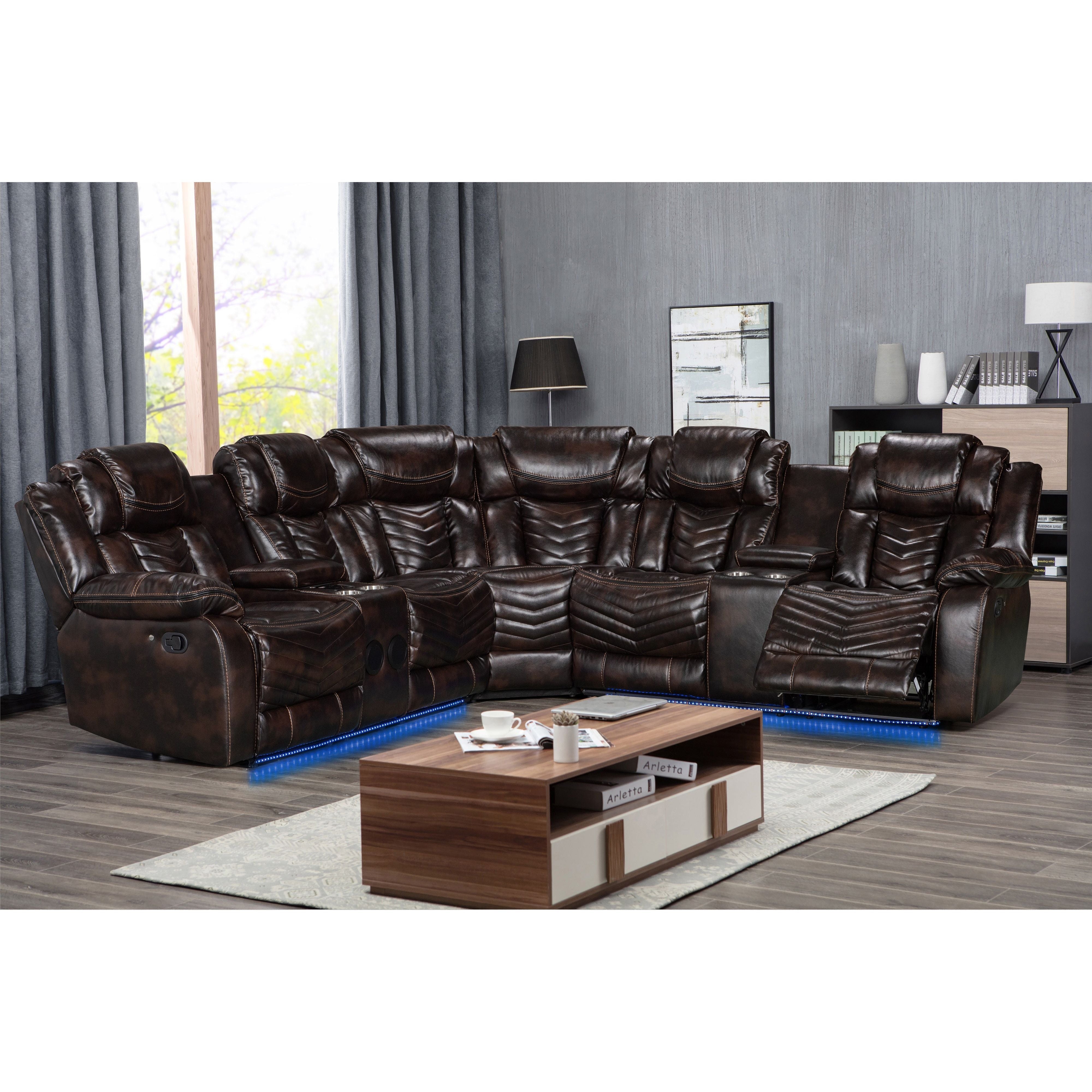 Lucky Charm Brown Reclining Sectional with LED Lights