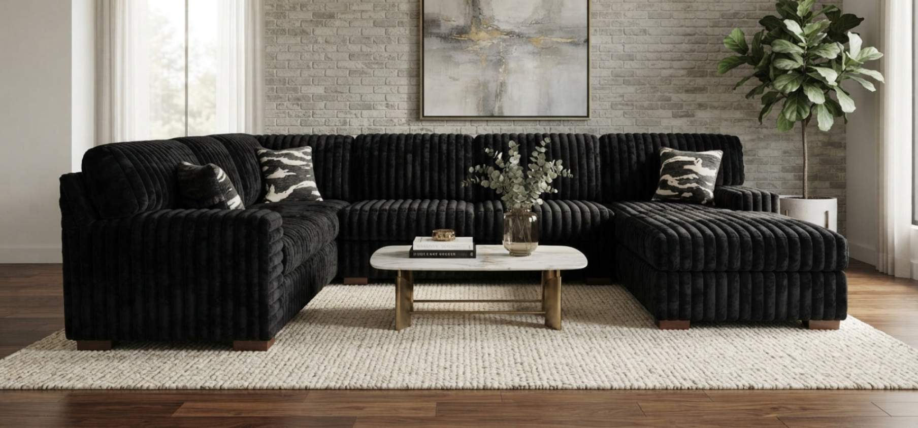 Austin Black Corduroy Sectional with Chaise, view 3
