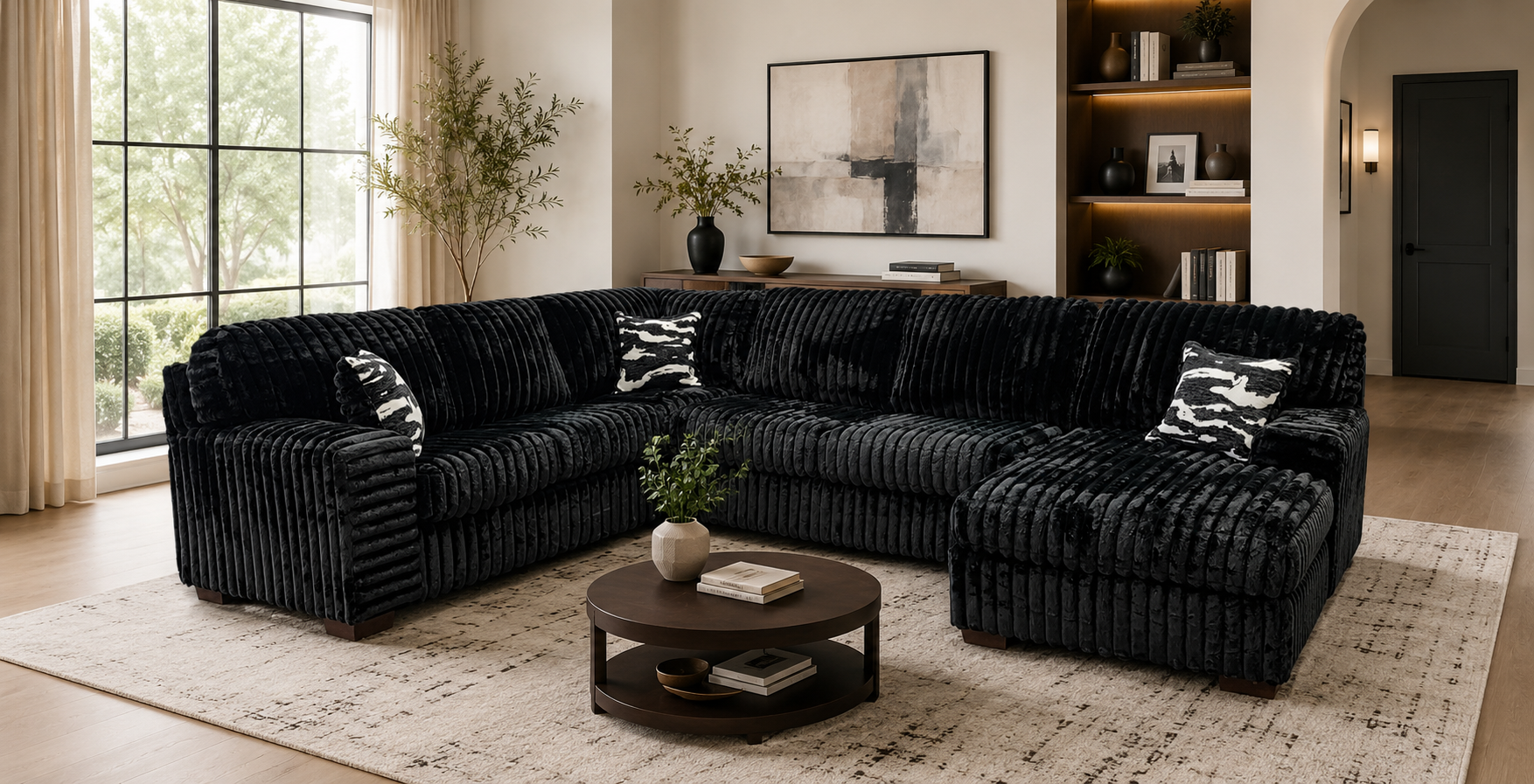 Austin Black Corduroy Sectional with Chaise