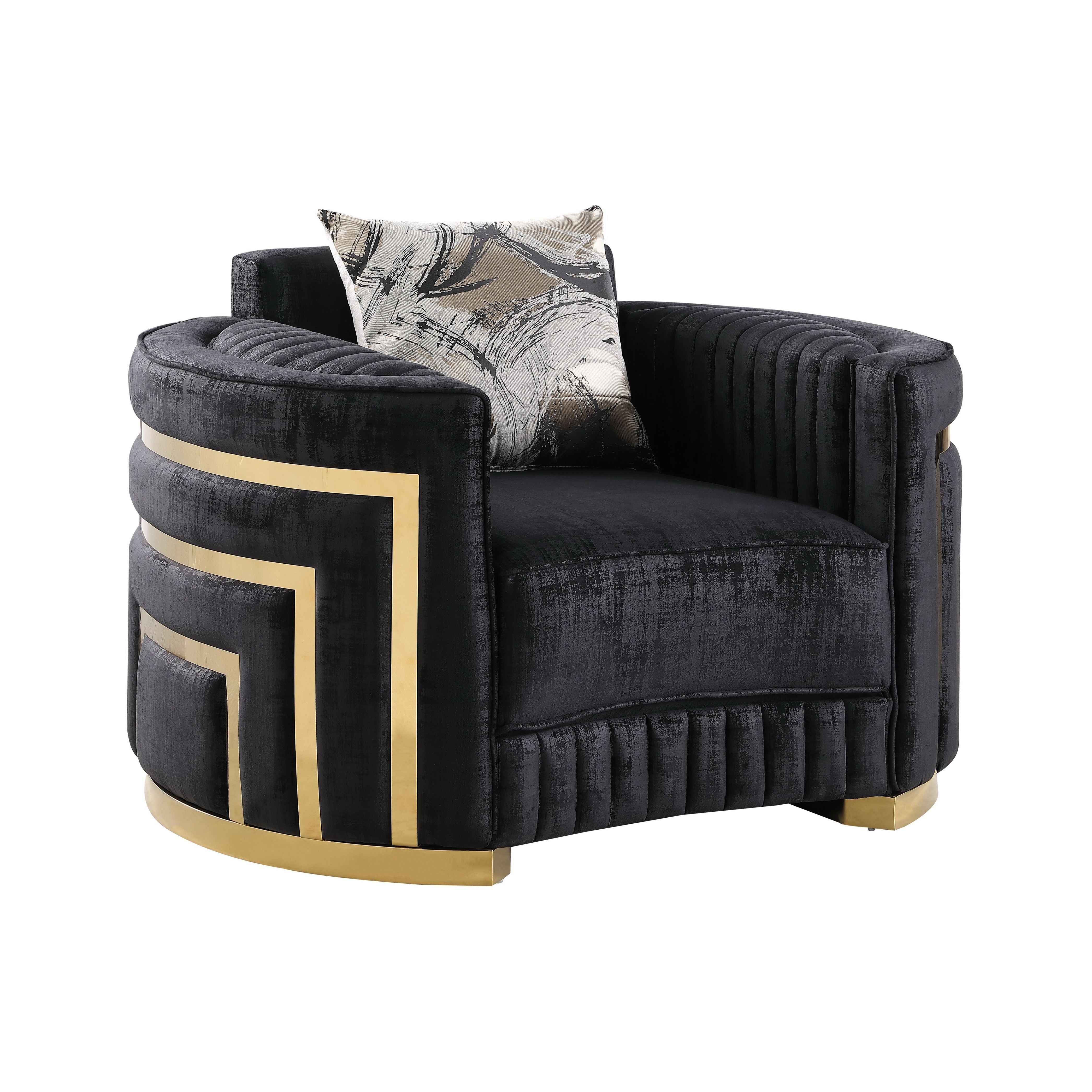 Minerva Black Velvet Sofa and Loveseat Set with Gold Accents, view 4