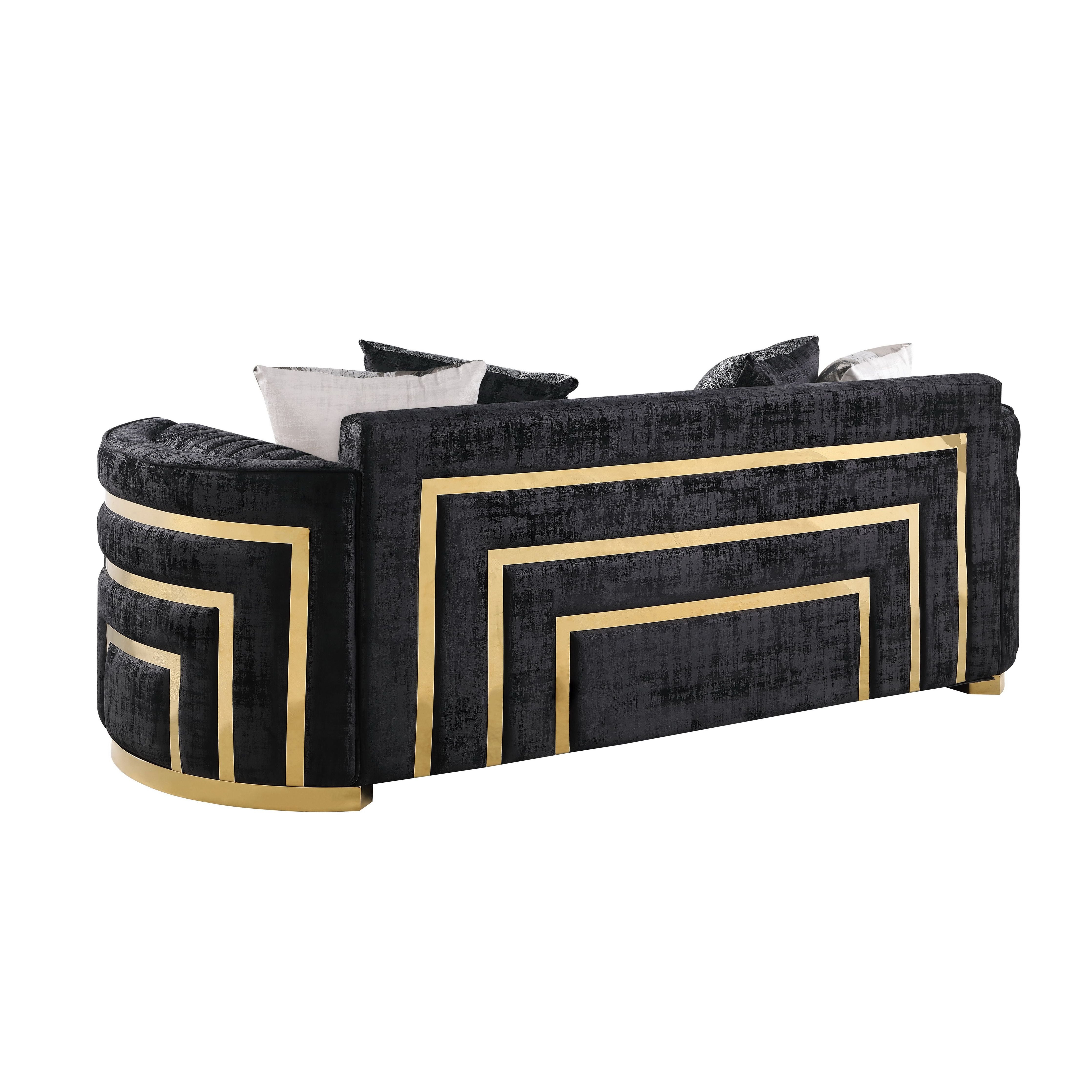 Minerva Black Velvet Sofa and Loveseat Set with Gold Accents, view 6
