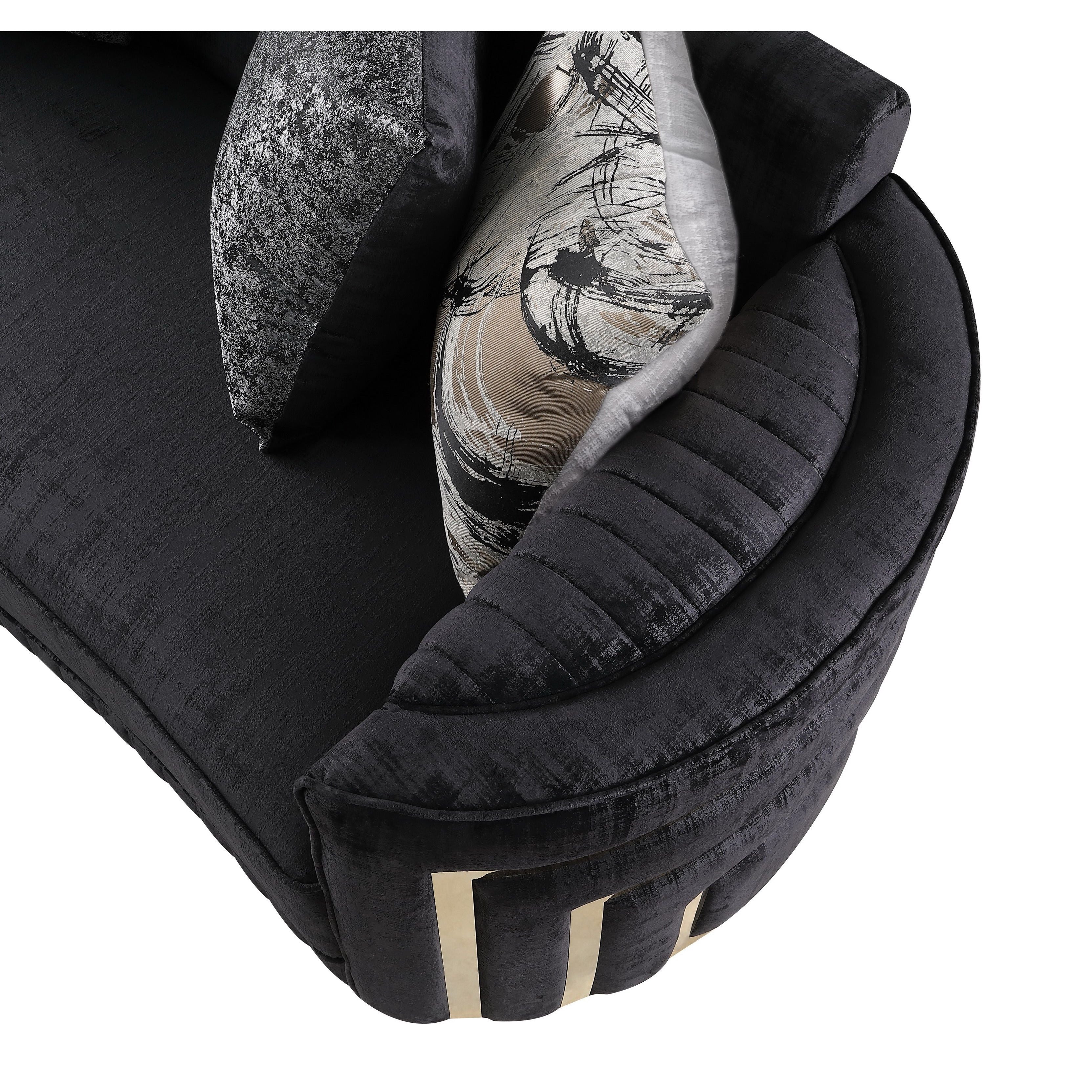 Minerva Black Velvet Sofa and Loveseat Set with Gold Accents, view 7