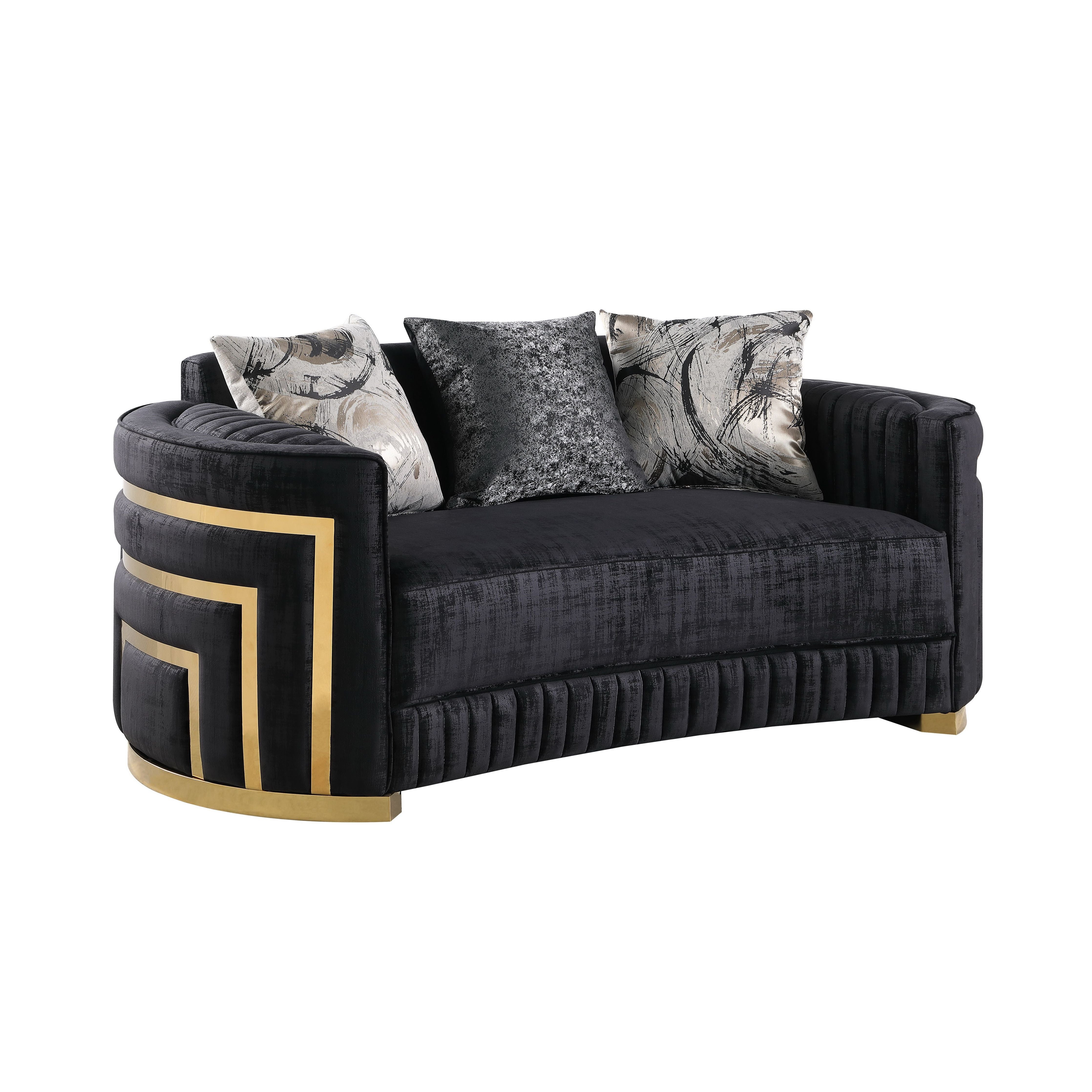 Minerva Black Velvet Sofa and Loveseat Set with Gold Accents, view 5