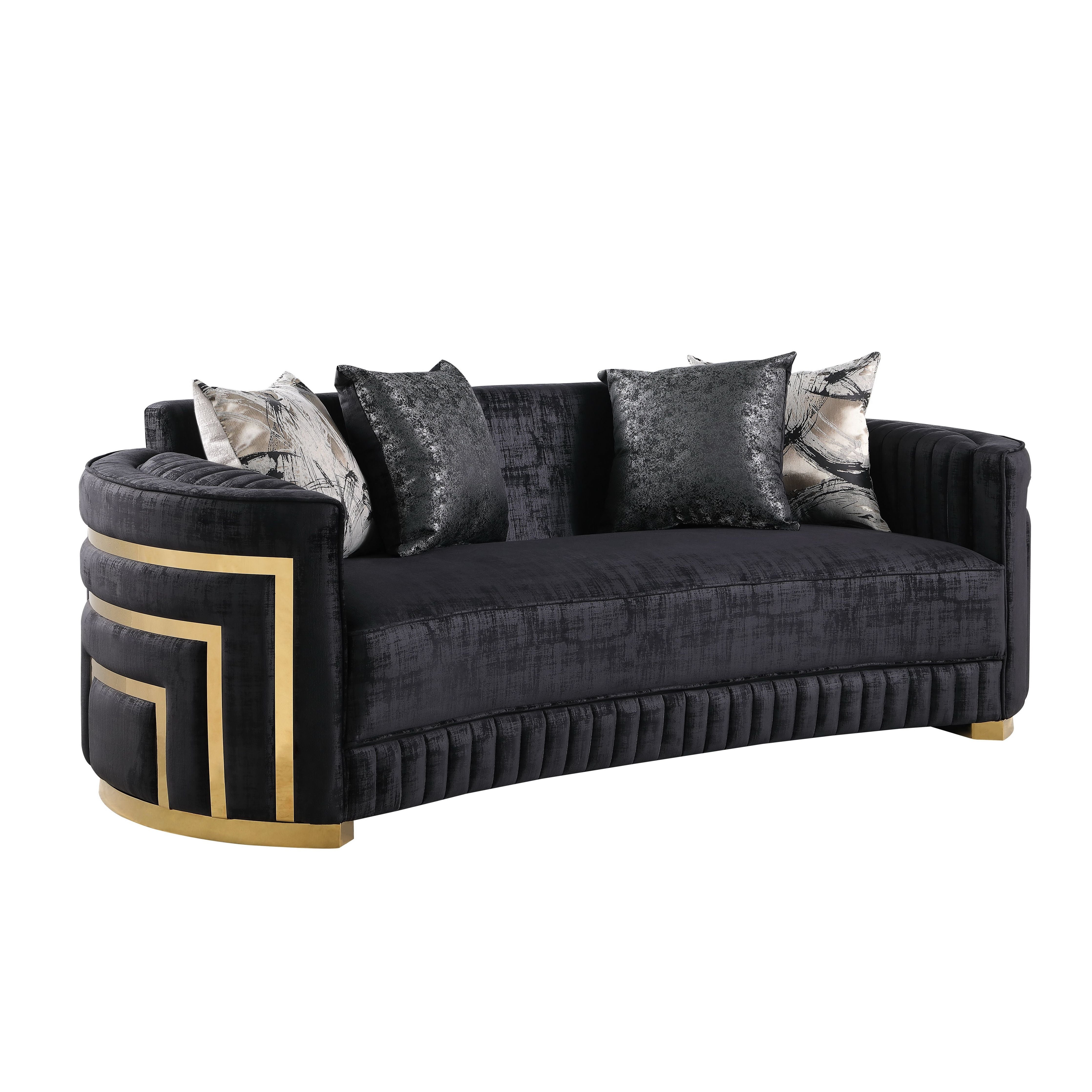 Minerva Black Velvet Sofa and Loveseat Set with Gold Accents, view 3