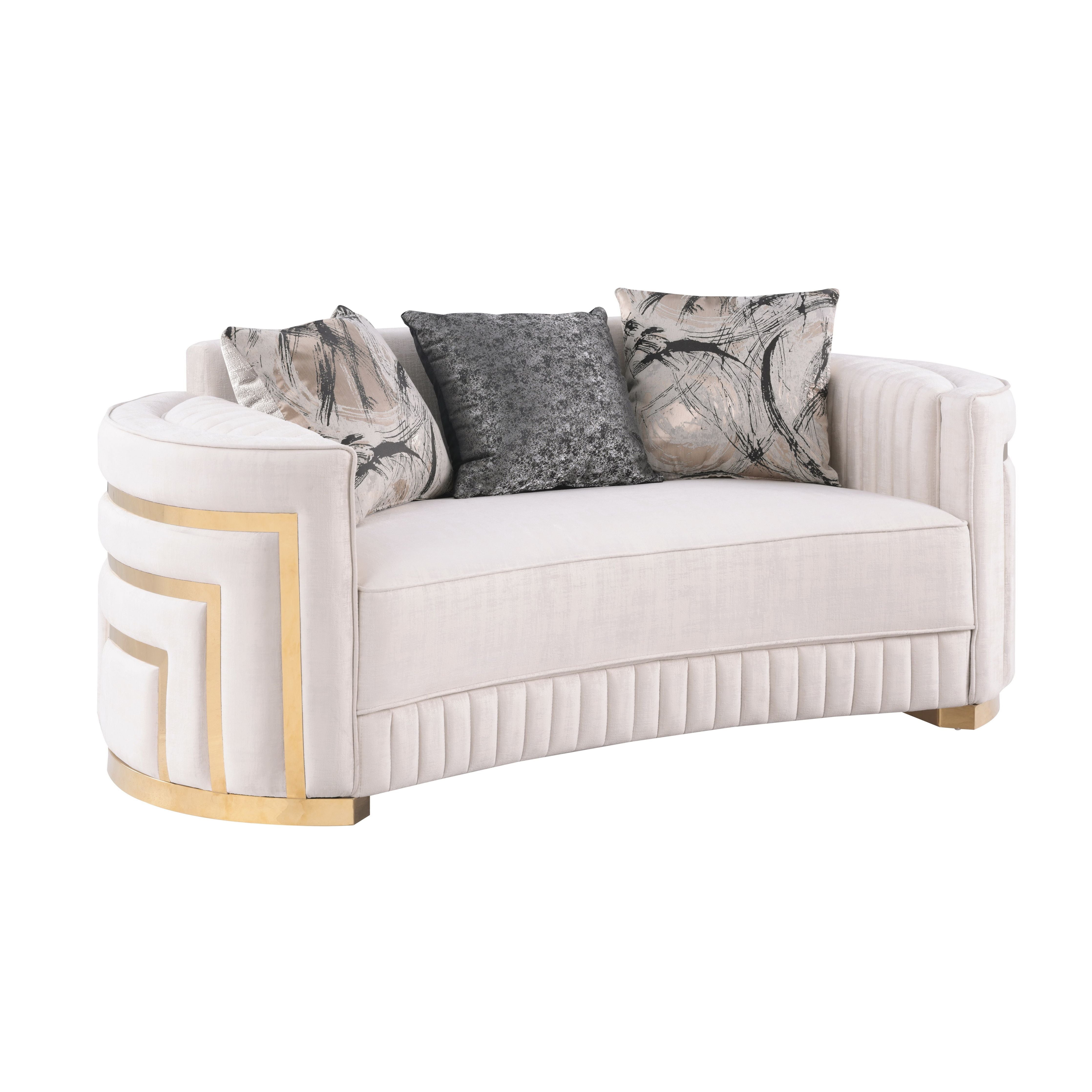 Minerva Cream Velvet Sofa and Loveseat Set with Gold Accents, view 5
