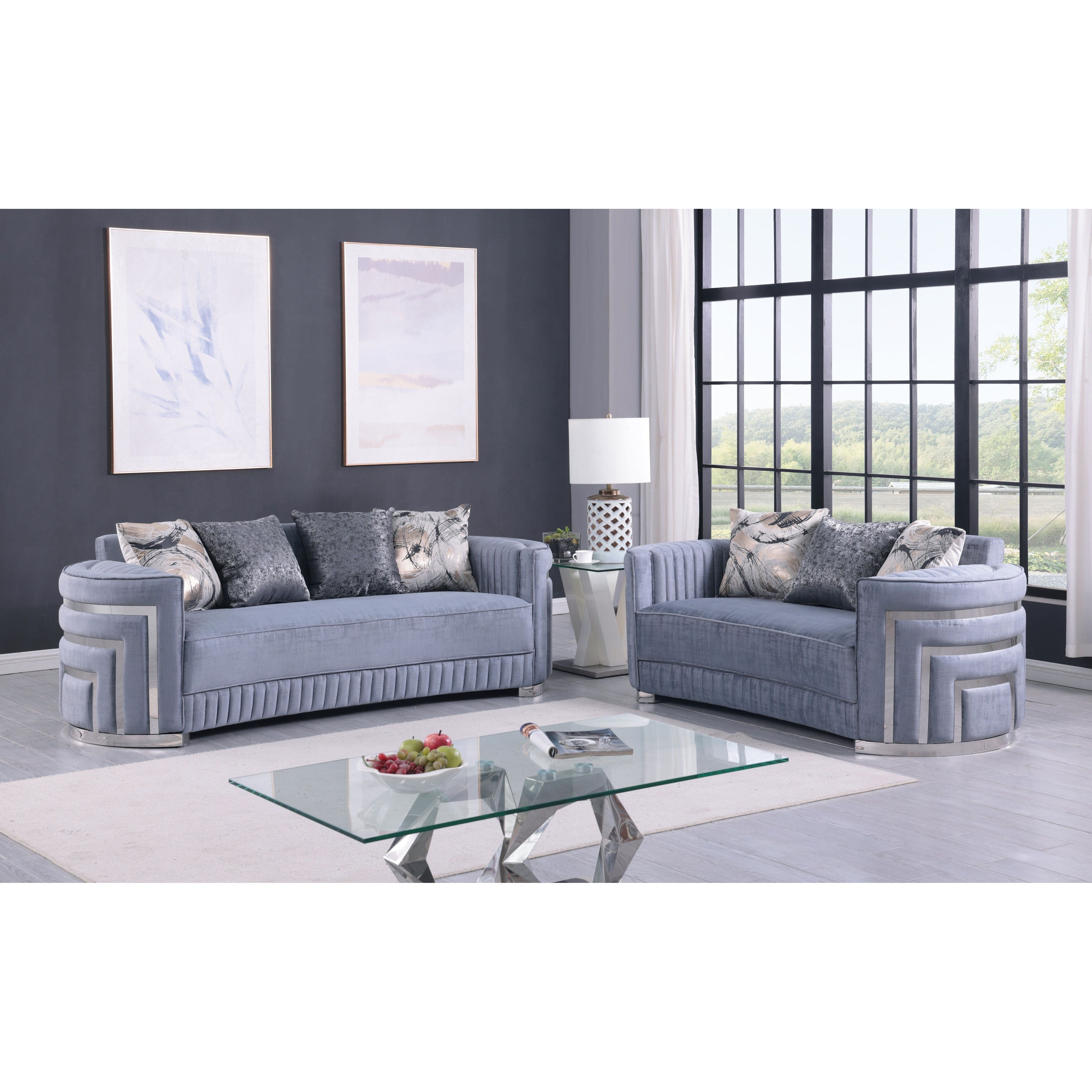 Minerva Gray Velvet Sofa and Loveseat Set with Gold Accents, view 2