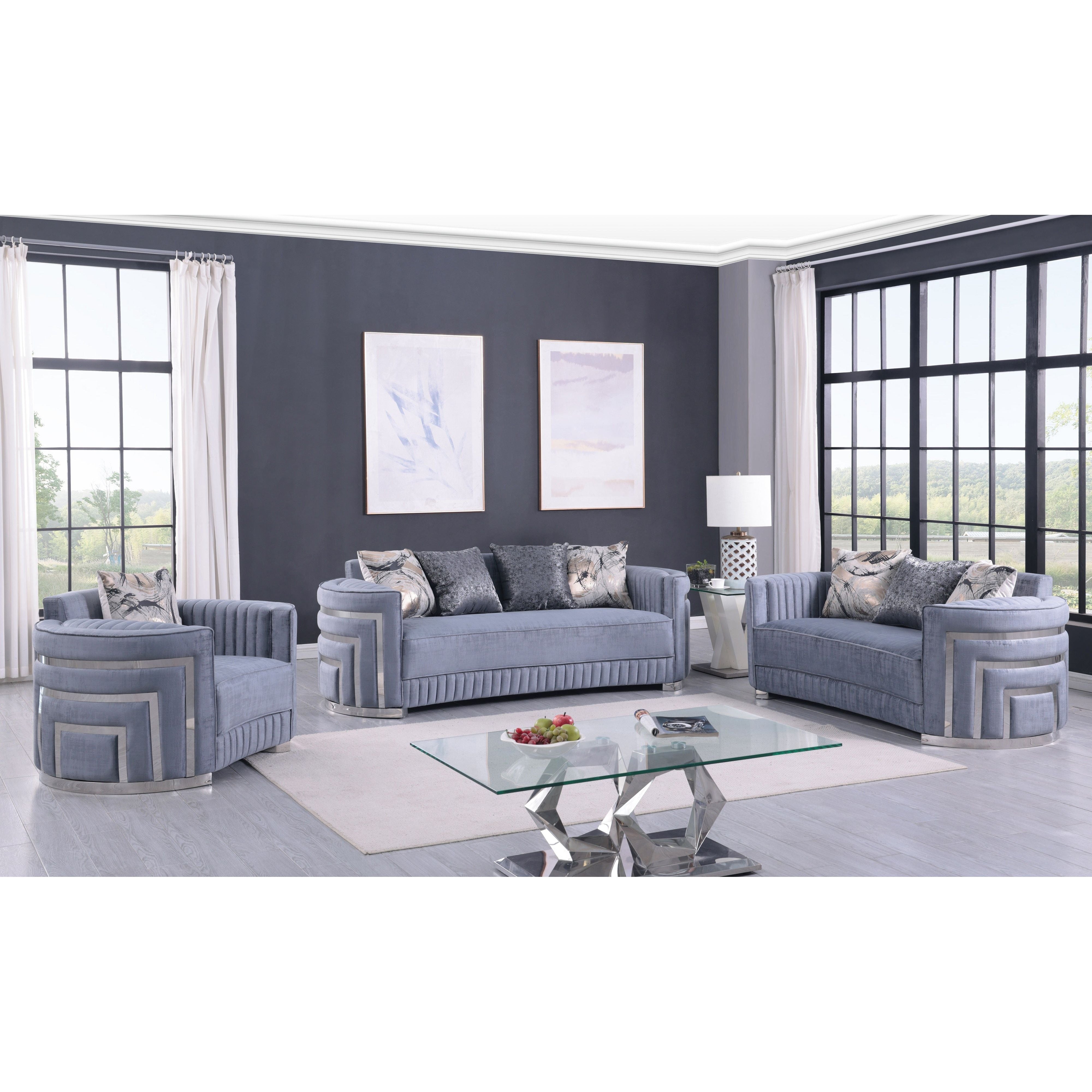 Minerva Gray Velvet Sofa and Loveseat Set with Gold Accents