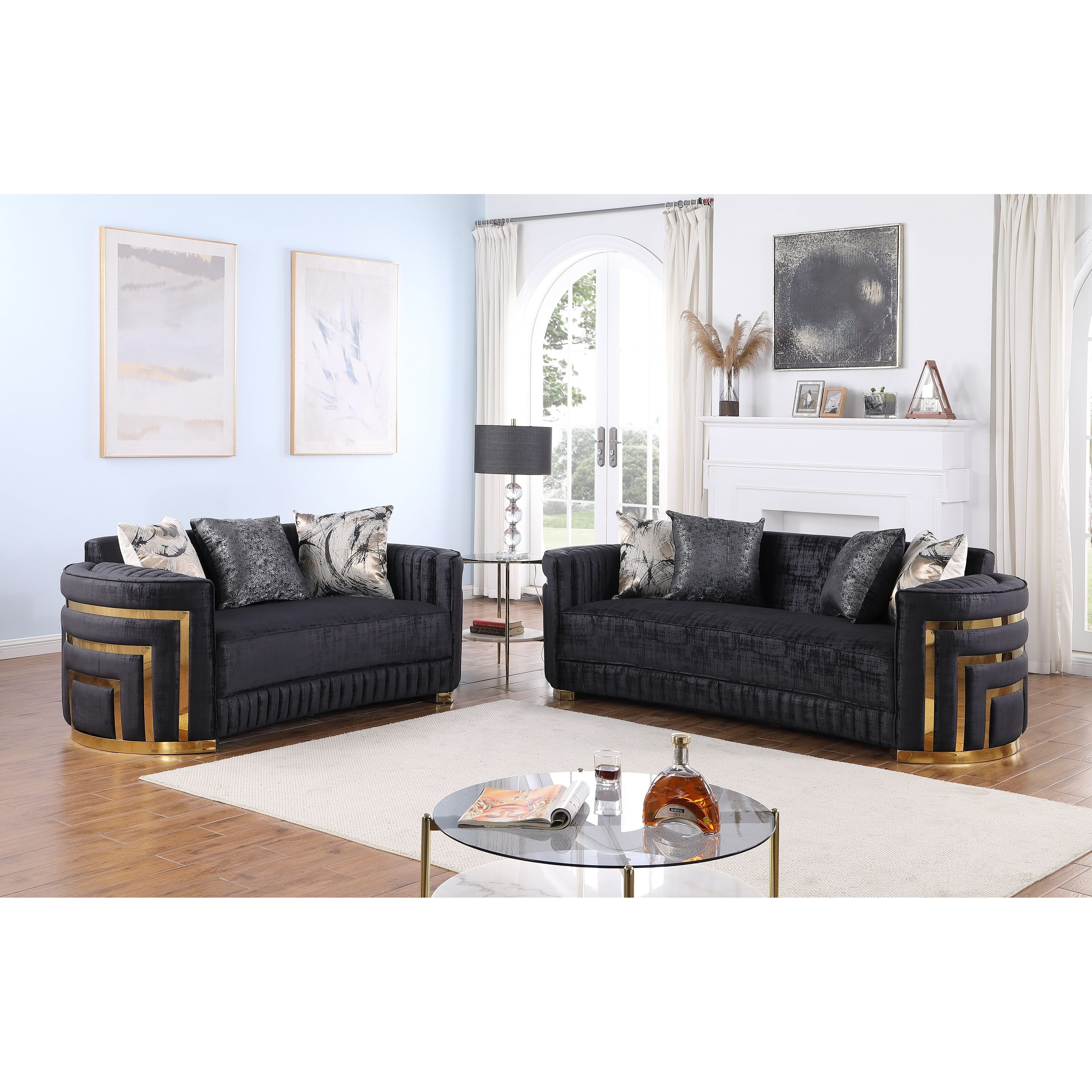 Minerva Black Velvet Sofa and Loveseat Set with Gold Accents, view 2