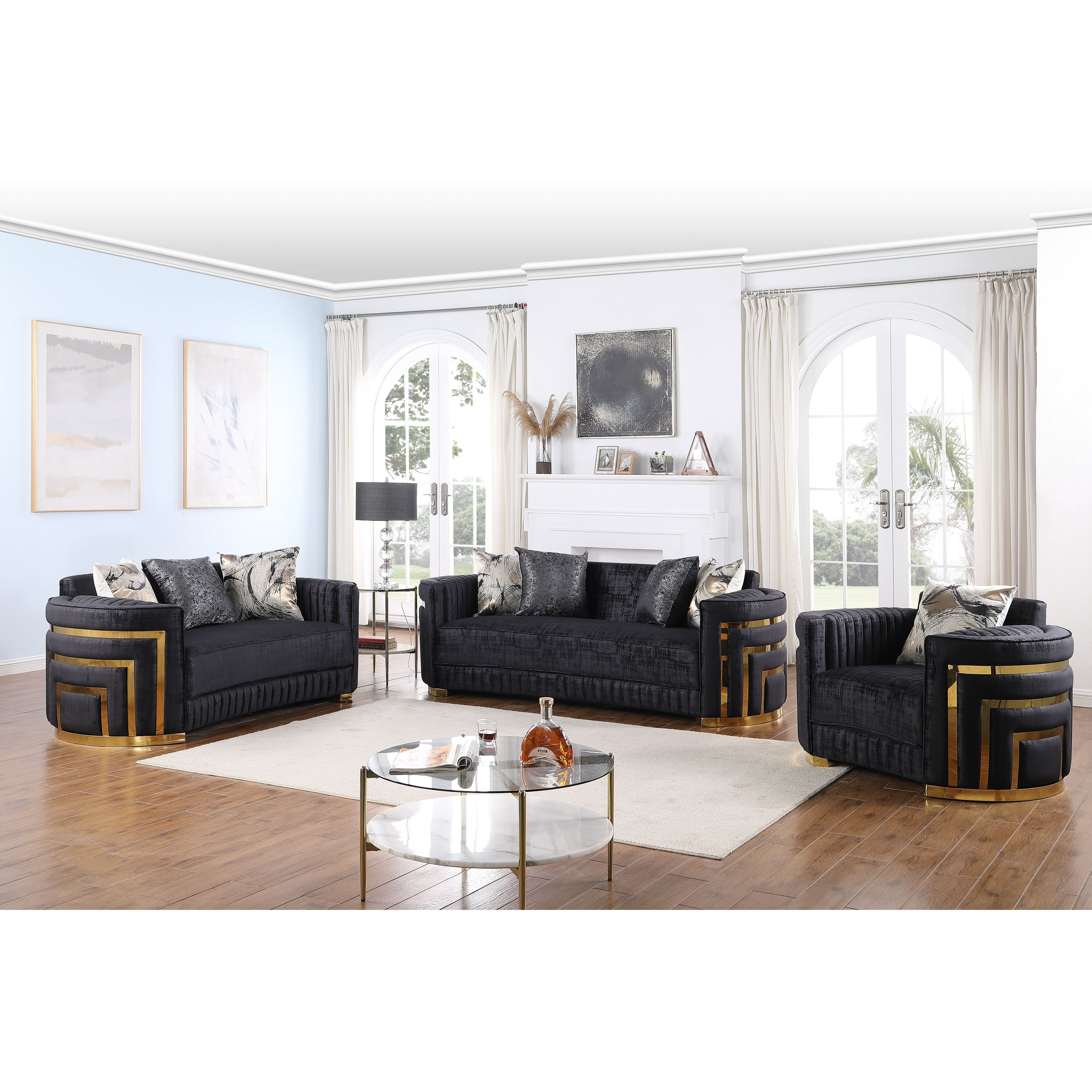 Minerva Black Velvet Sofa and Loveseat Set with Gold Accents
