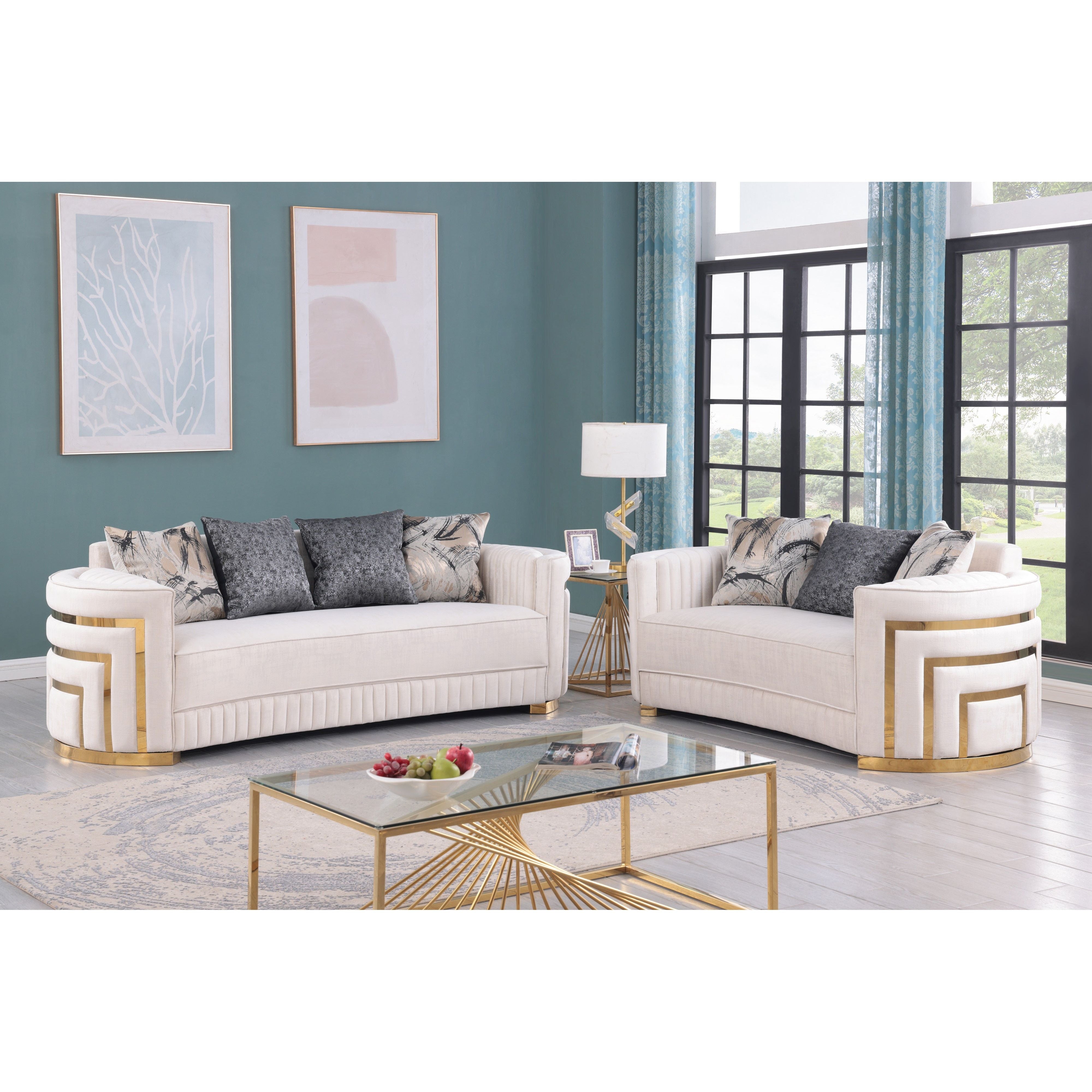 Minerva Cream Velvet Sofa and Loveseat Set with Gold Accents, view 2