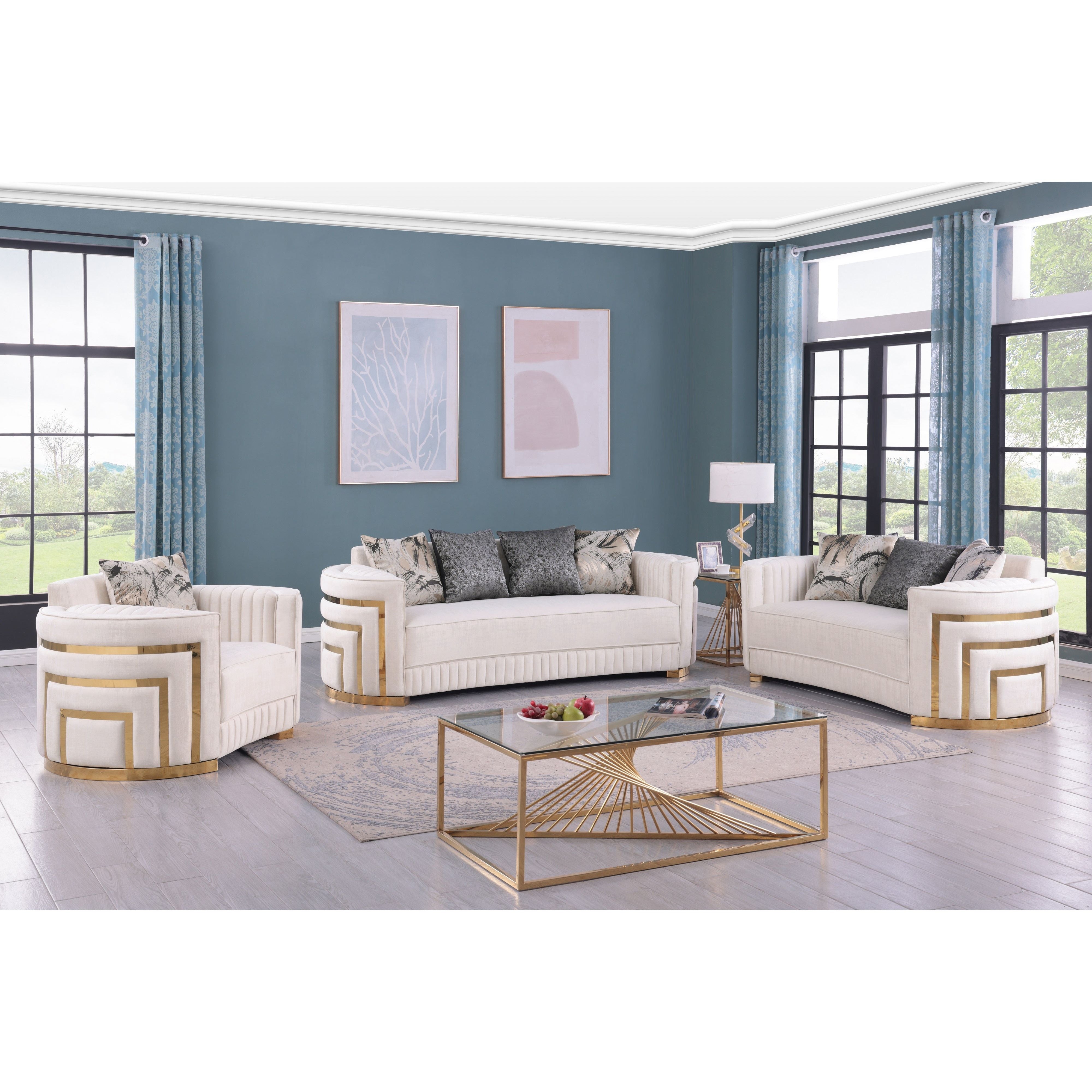 Minerva Cream Velvet Sofa and Loveseat Set with Gold Accents