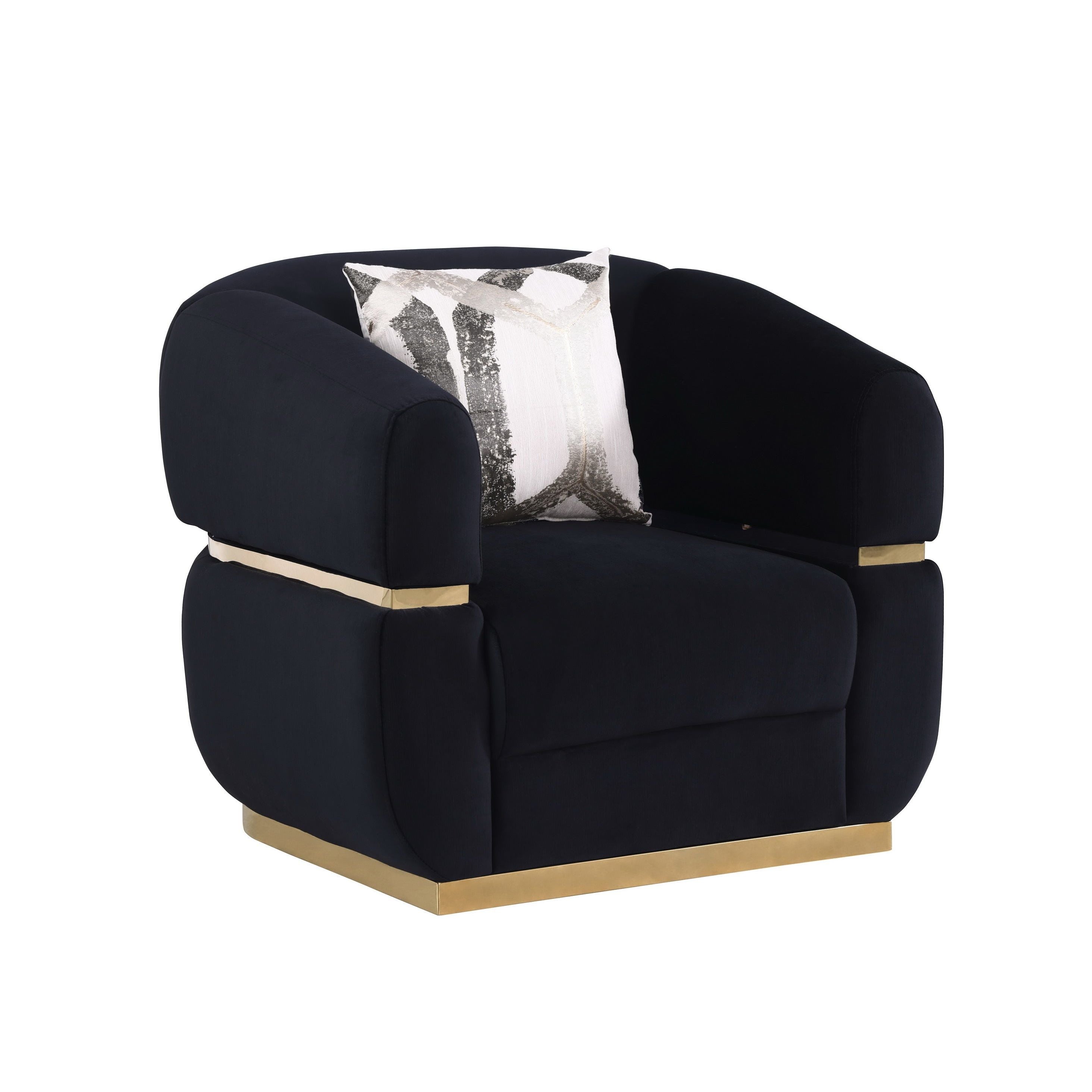 Carmela Black Velvet Sofa and Loveseat Set with Gold Trim, view 5